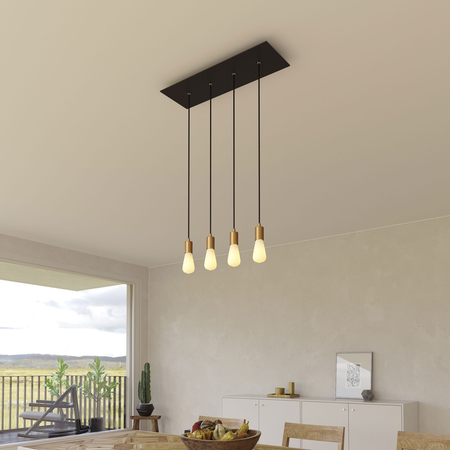 4-light pendant lamp with 675 mm rectangular XXL Rose-One, featuring fabric cable and metal finishes