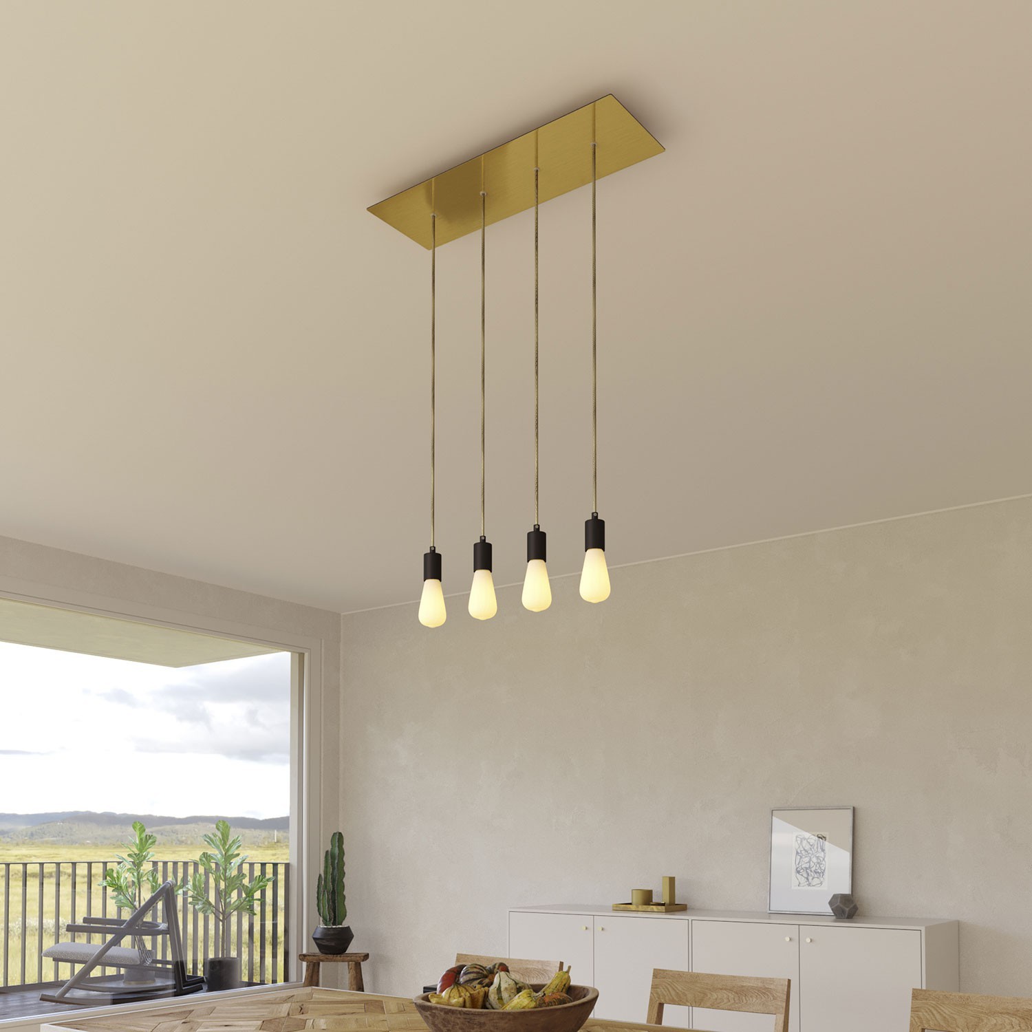 4-light pendant lamp with 675 mm rectangular XXL Rose-One, featuring fabric cable and metal finishes