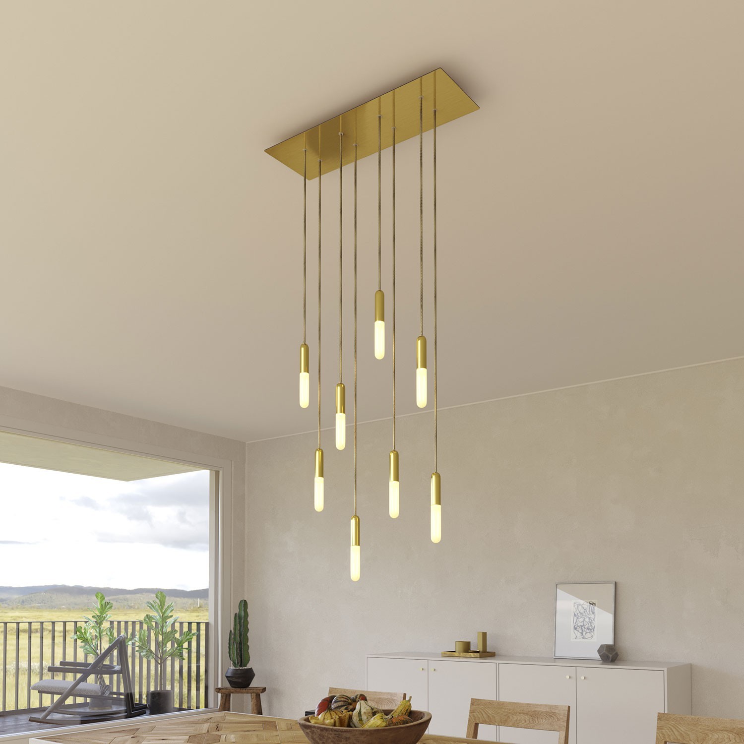 8-light pendant lamp with 675 mm rectangular XXL Rose-One, featuring fabric cable and metal finishes