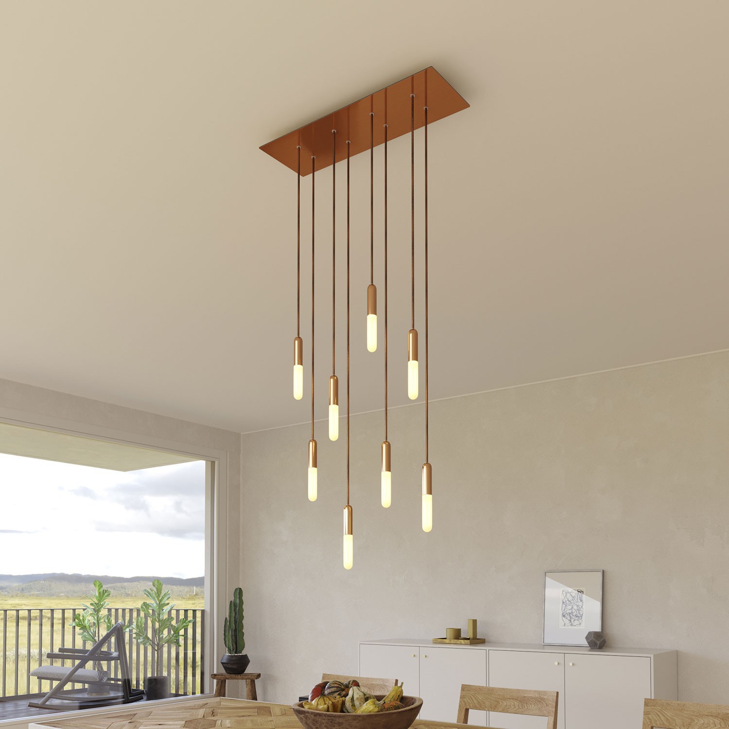 8-light pendant lamp with 675 mm rectangular XXL Rose-One, featuring fabric cable and metal finishes