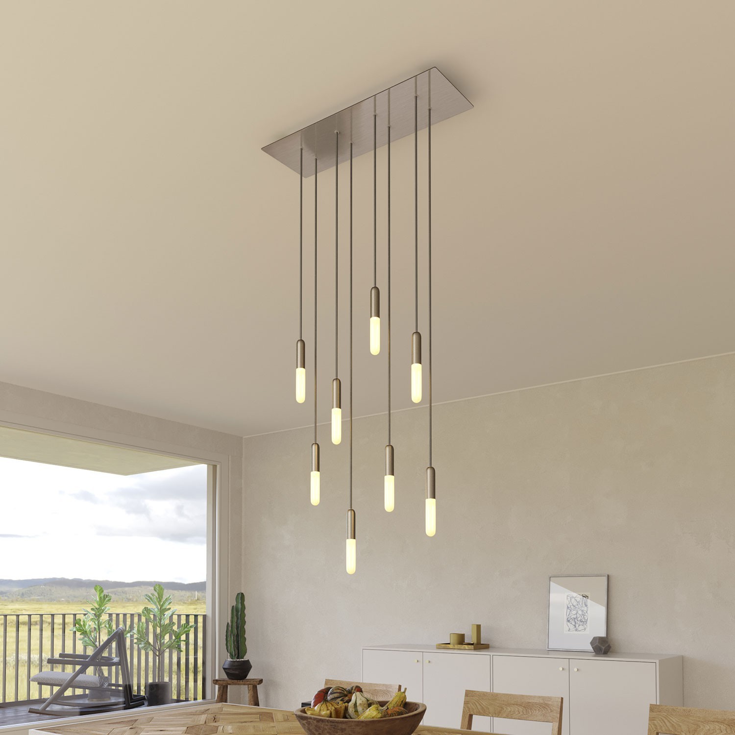 8-light pendant lamp with 675 mm rectangular XXL Rose-One, featuring fabric cable and metal finishes