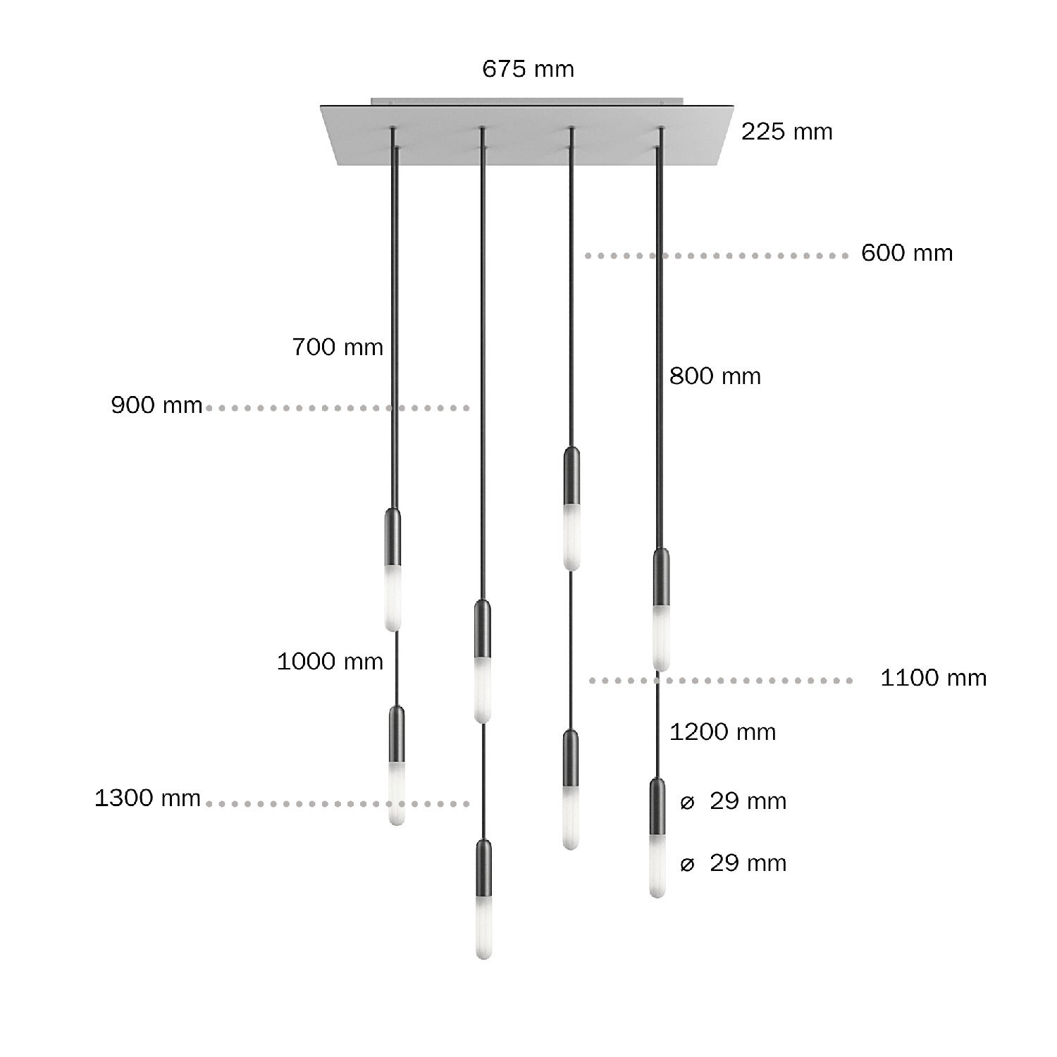 Lámpara colgante a 8 caídas con Rose-One XXL rectangular 675 mm con cable textil y acabado metálico