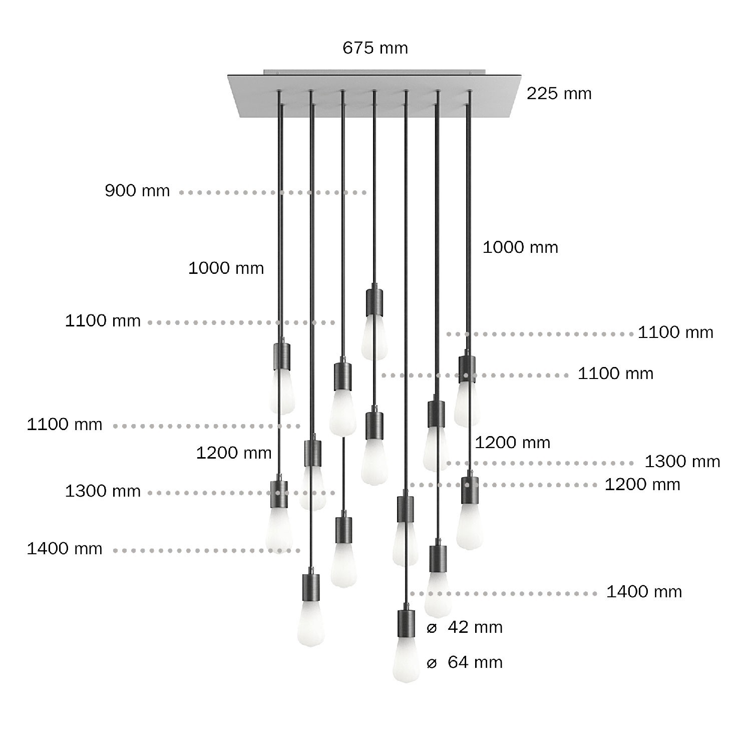 Lámpara colgante a 14 caídas con Rose-One XXL rectangular 675 mm con cable textil y acabado metálico