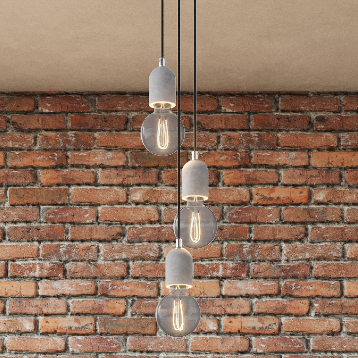 3-light pendant lamp with 200 mm round Rose-One, featuring fabric cable and concrete finishes