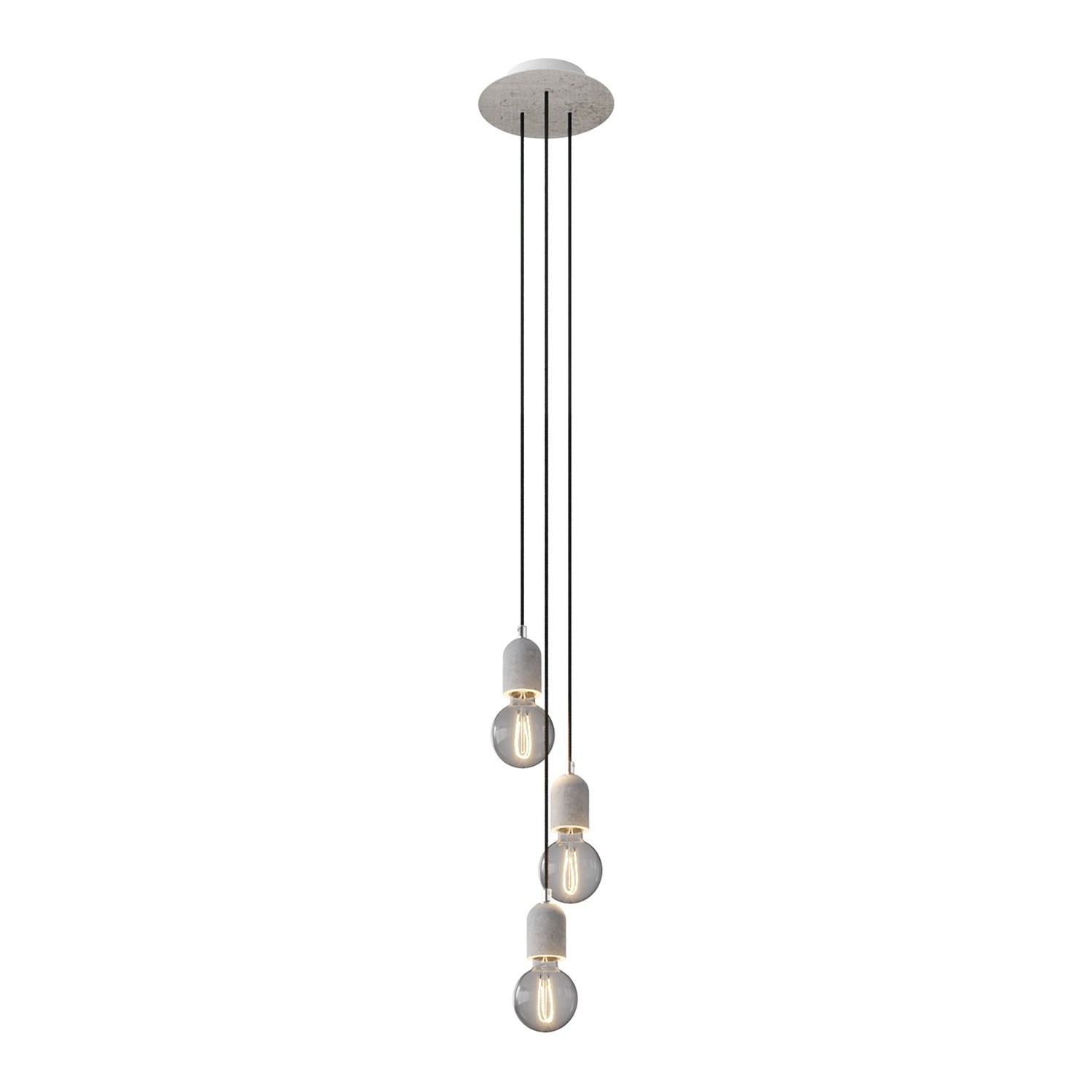 Lámpara colgante de 3 caídas con Rose-One redondo de 200 mm completa con cable textil y acabados en hormigón