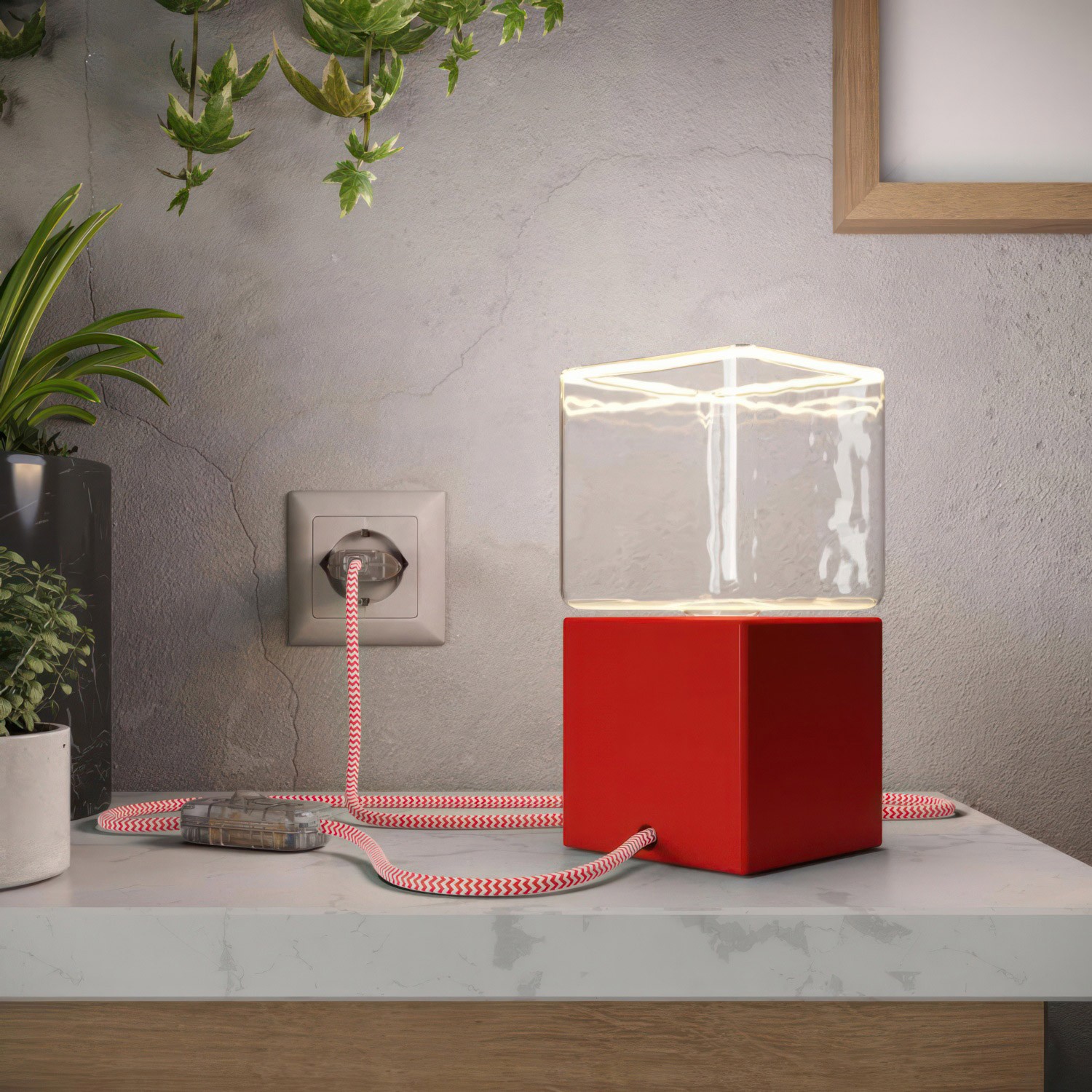 Posaluce Cubetto Color, painted wooden table lamp complete with textile cable, switch and 2-pole plug