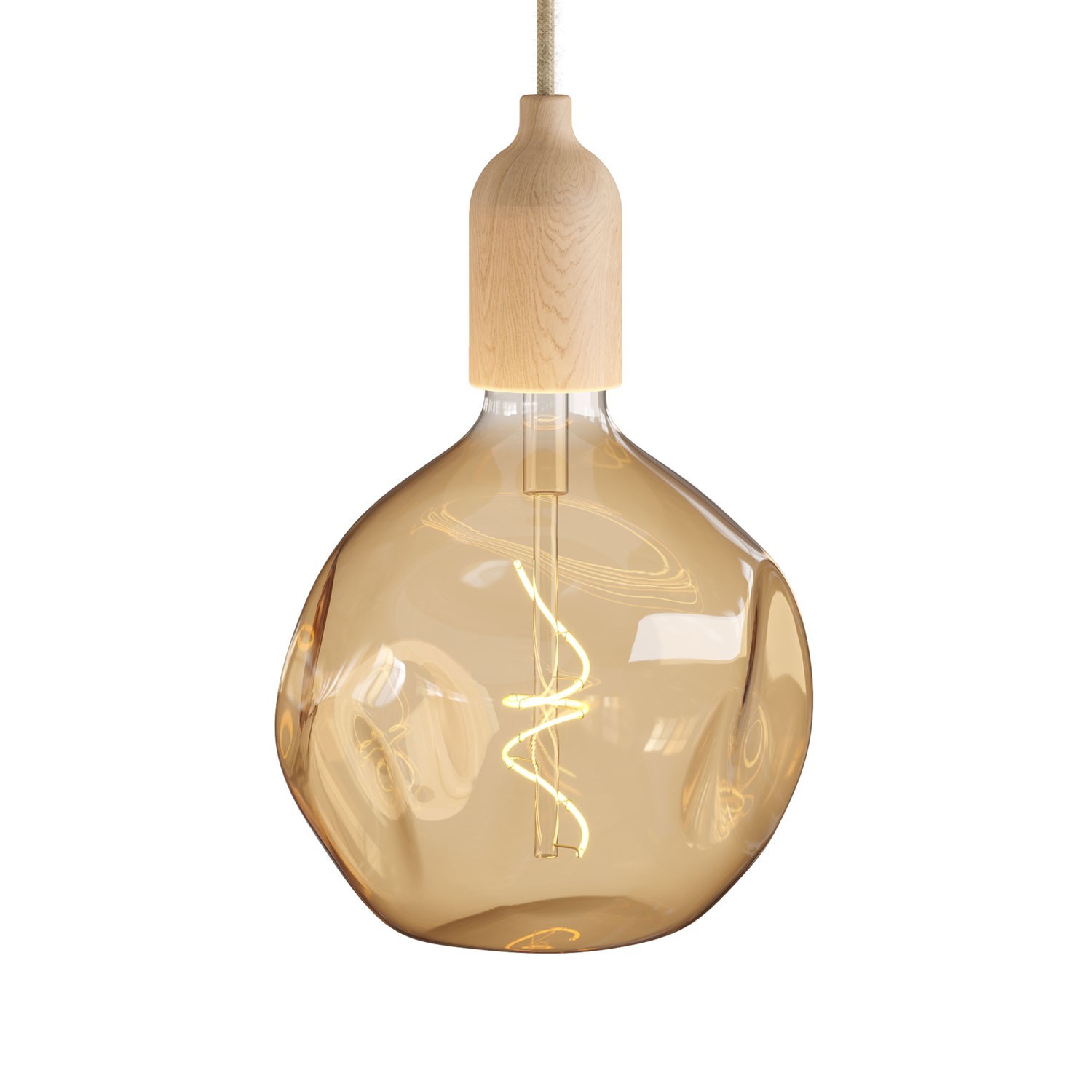 Lámpara colgante Made in Italy con cable textil y acabados en madera