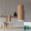 Lámpara colgante Made in Italy con cable textil y pantalla Tub-E14 en madera