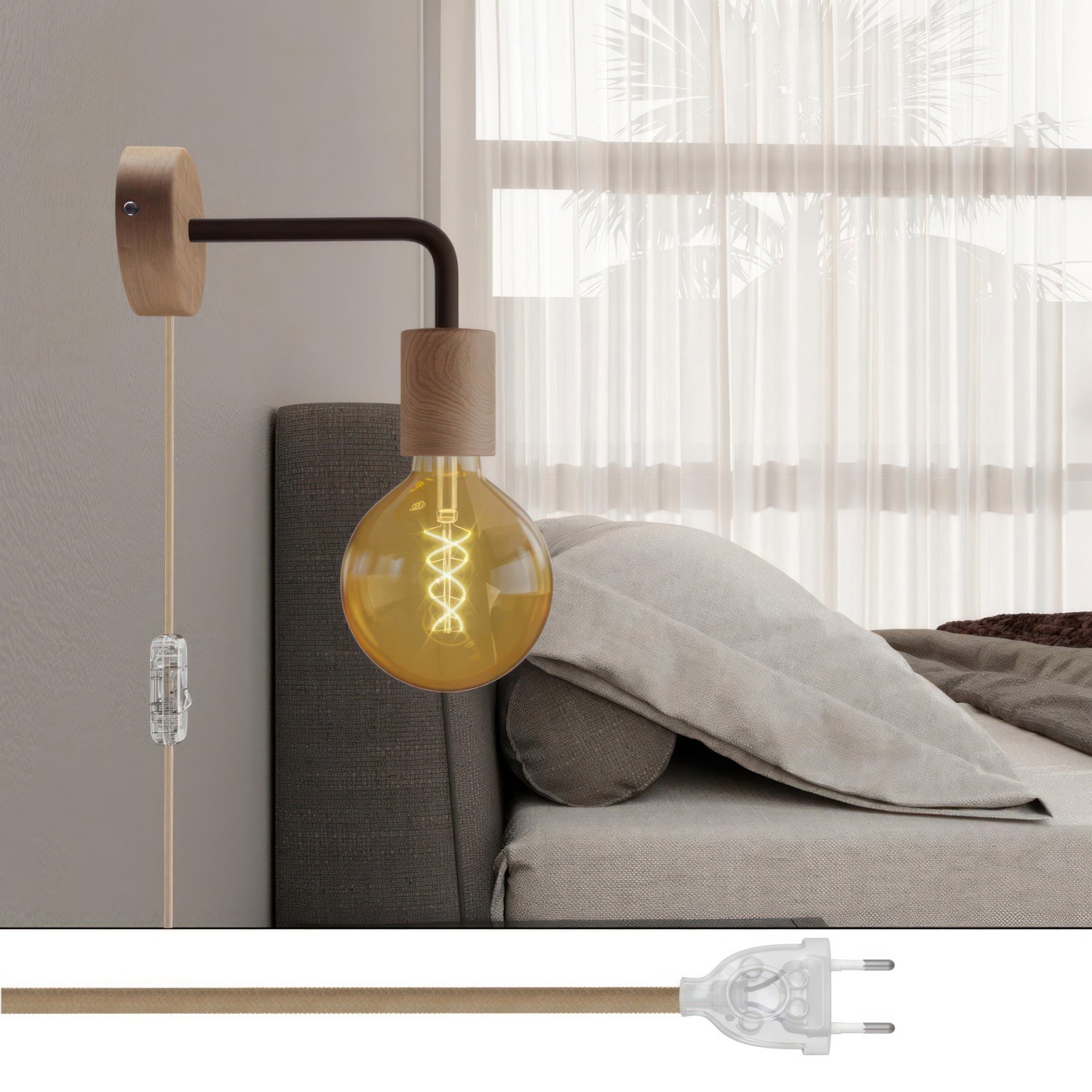 Spostaluce wooden Lamp with curved extension and two-pin plug