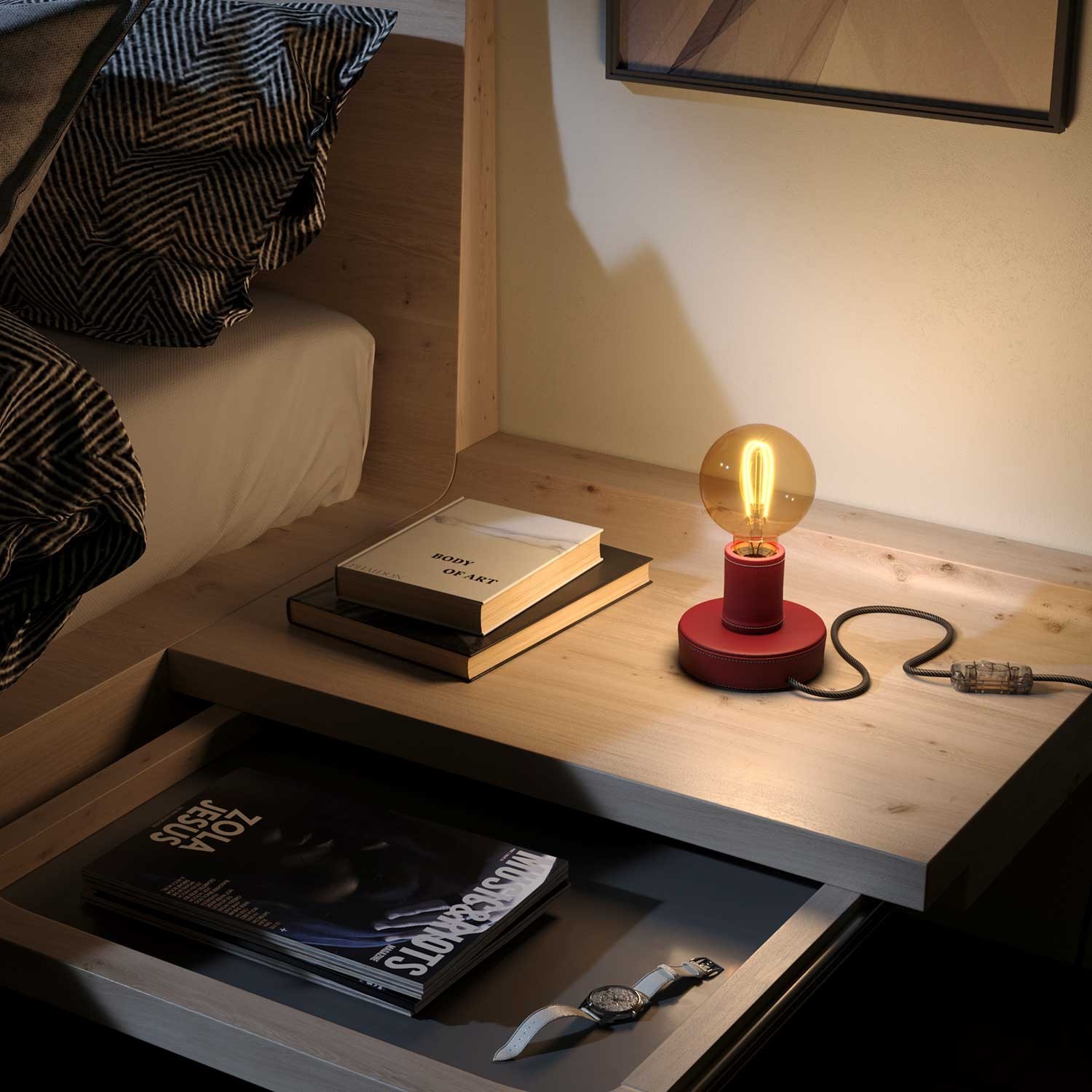 Posaluce - Leather Table Lamp with two-pin plug