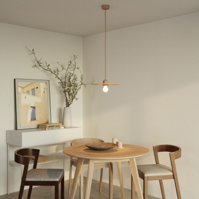 Wood suspension lamp with fabric cable and UFO lampshade