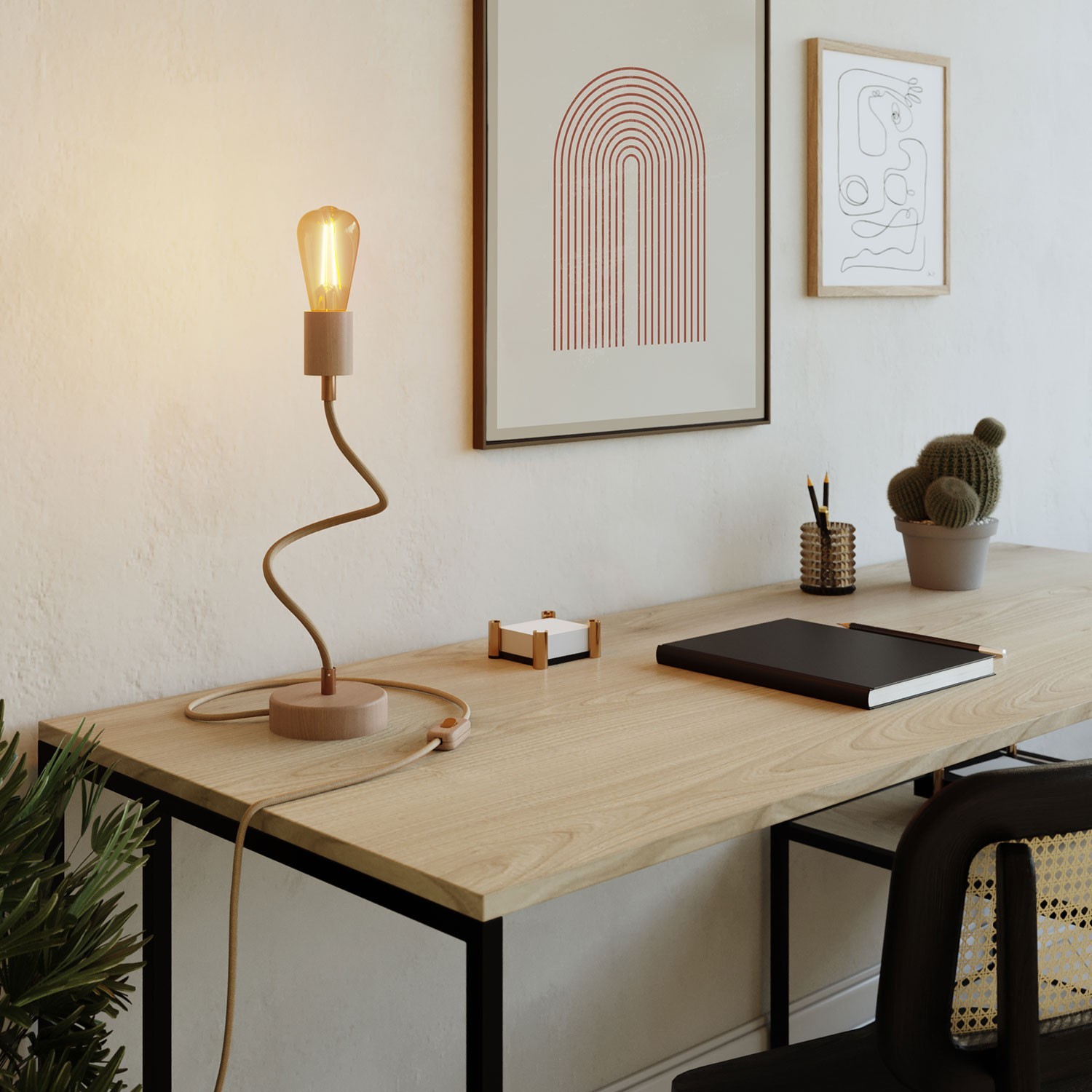 Lámpara de mesa articulada de madera con luz difusa - Table Flex Wood con enchufe de 2 polos