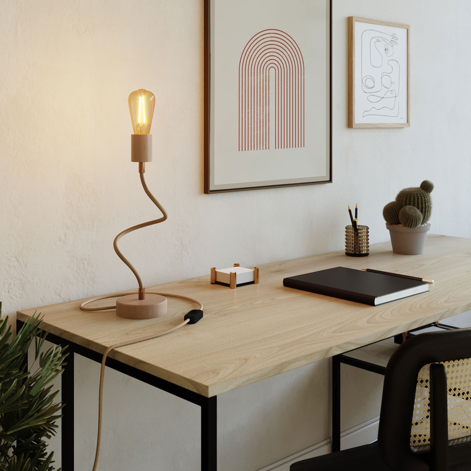 Lámpara de mesa articulada de madera con luz difusa - Table Flex Wood con enchufe inglesa