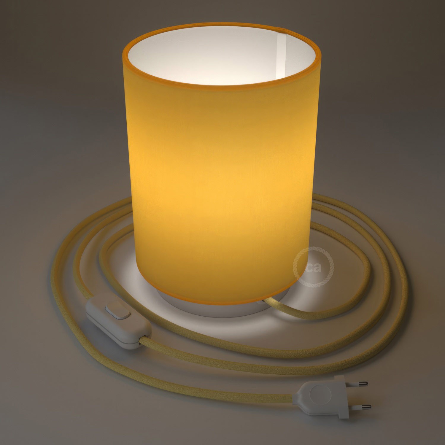 Posaluce in metal with Bright Yellow Cilindro lampshade, complete with fabric cable, switch and 2-pin plug