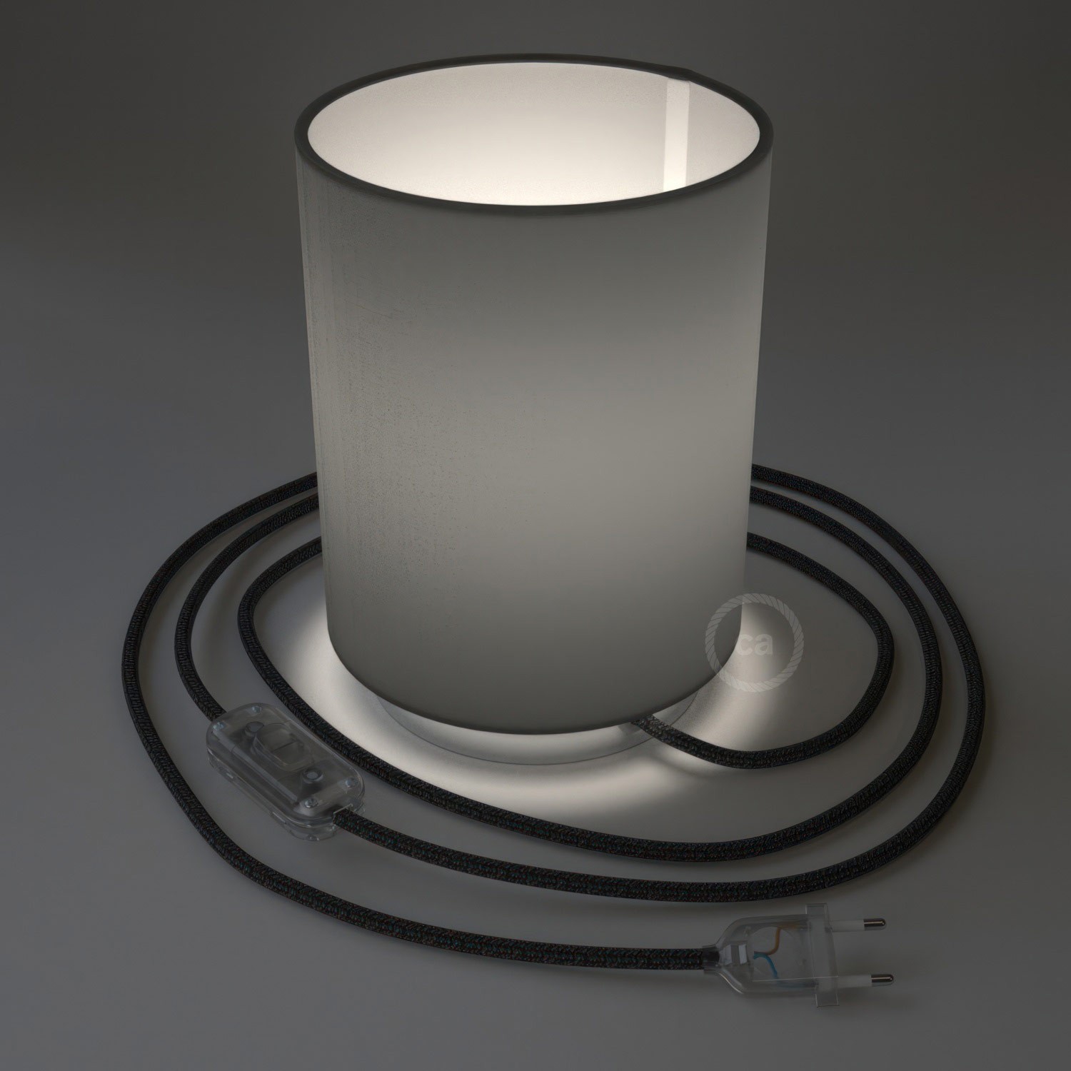 Posaluce in metal with Penguin Electra Cilindro lampshade, complete with fabric cable, switch and 2-pin plug