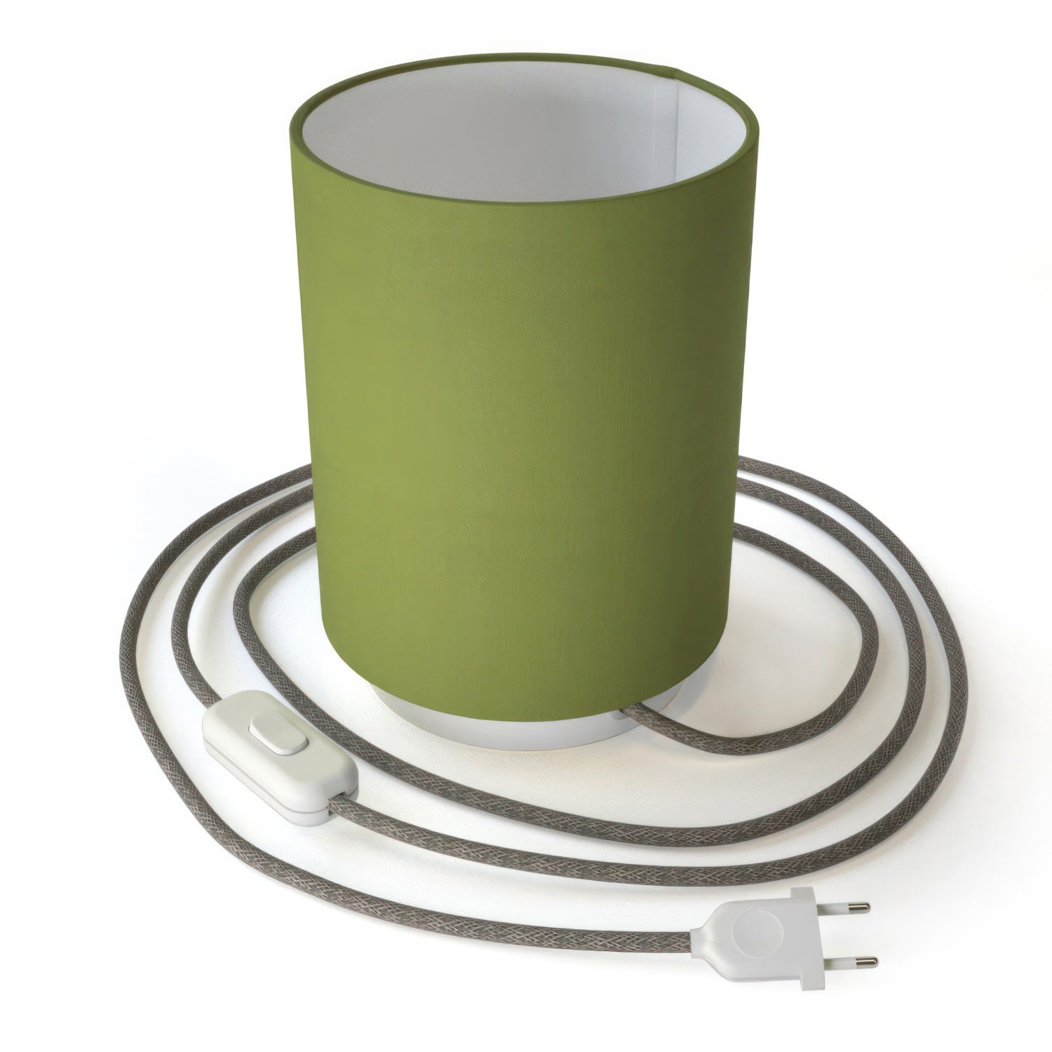 Posaluce de metal con pantalla de cilindro Verde Oliva, con cable textil, interruptor y enchufe de 2 polos