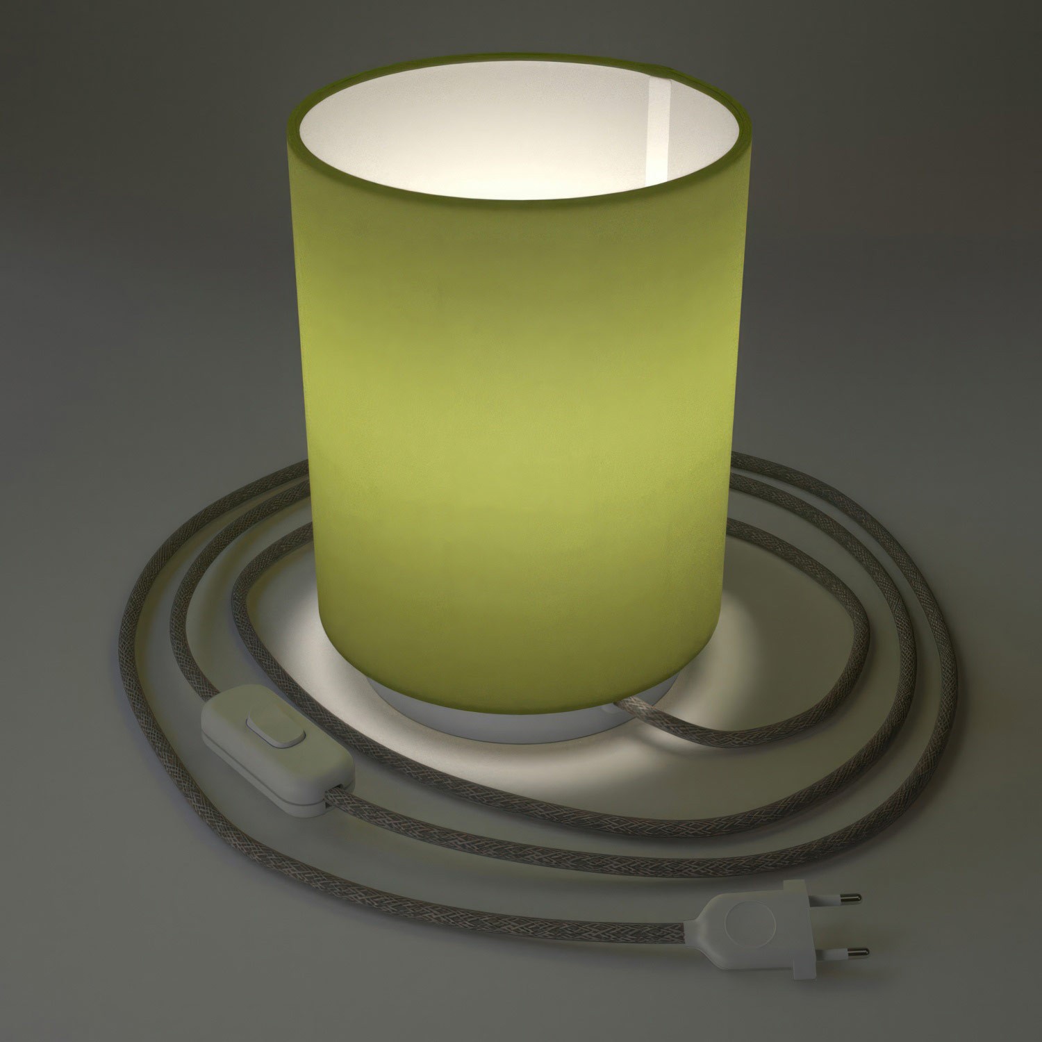 Posaluce in metal with Olive Green Canvas Cilindro lampshade, complete with fabric cable, switch and 2-pin plug