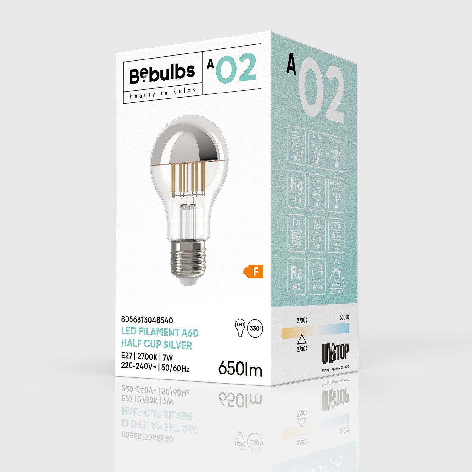 Bombilla LED Media Esfera Gota Plateada A60 7W 650Lm E27 2700K Regulable - A02