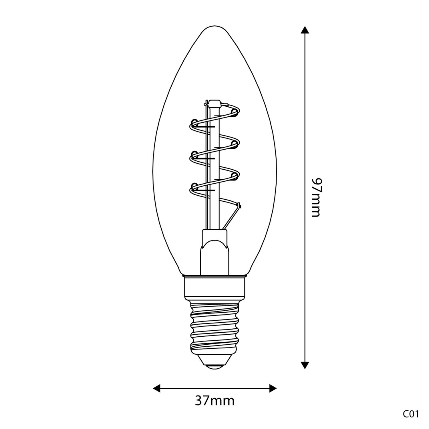 Bombilla LED Dorada Carbón Line Filamento Curvado con Espiral Candela C35 2,5W 136Lm E14 1800K Regulable - C01