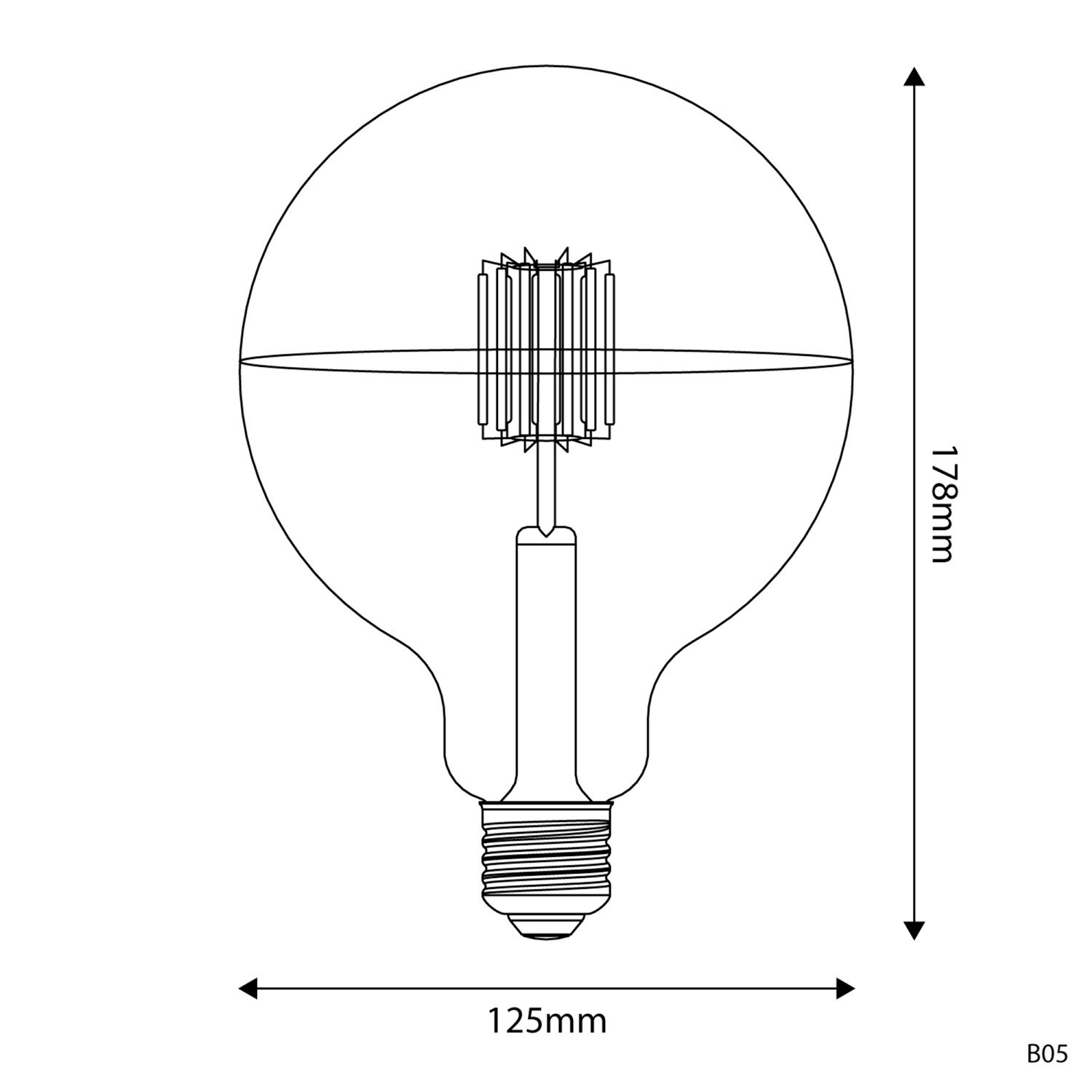 Bombilla LED media esfera plateada B05 Linea 5V Filamento corto Globo G125 1,3W 110Lm E27 2500K Regulable