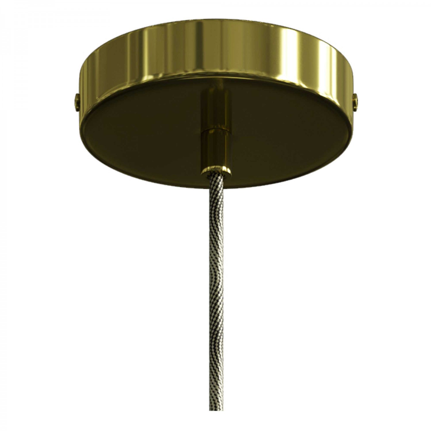 Lámpara colgante hecha en Italia con cable textil, bombilla y detalles metálicos en contraste
