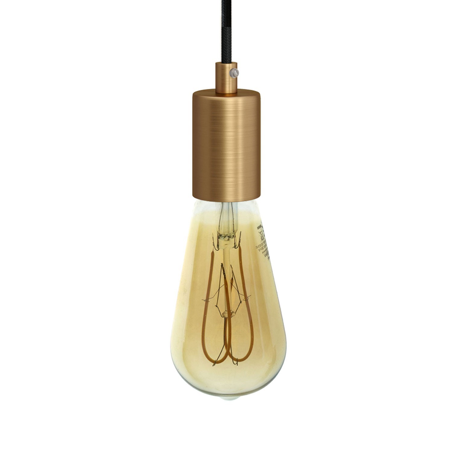 Lámpara colgante hecha en Italia con cable textil, bombilla y acabados en metal satinado