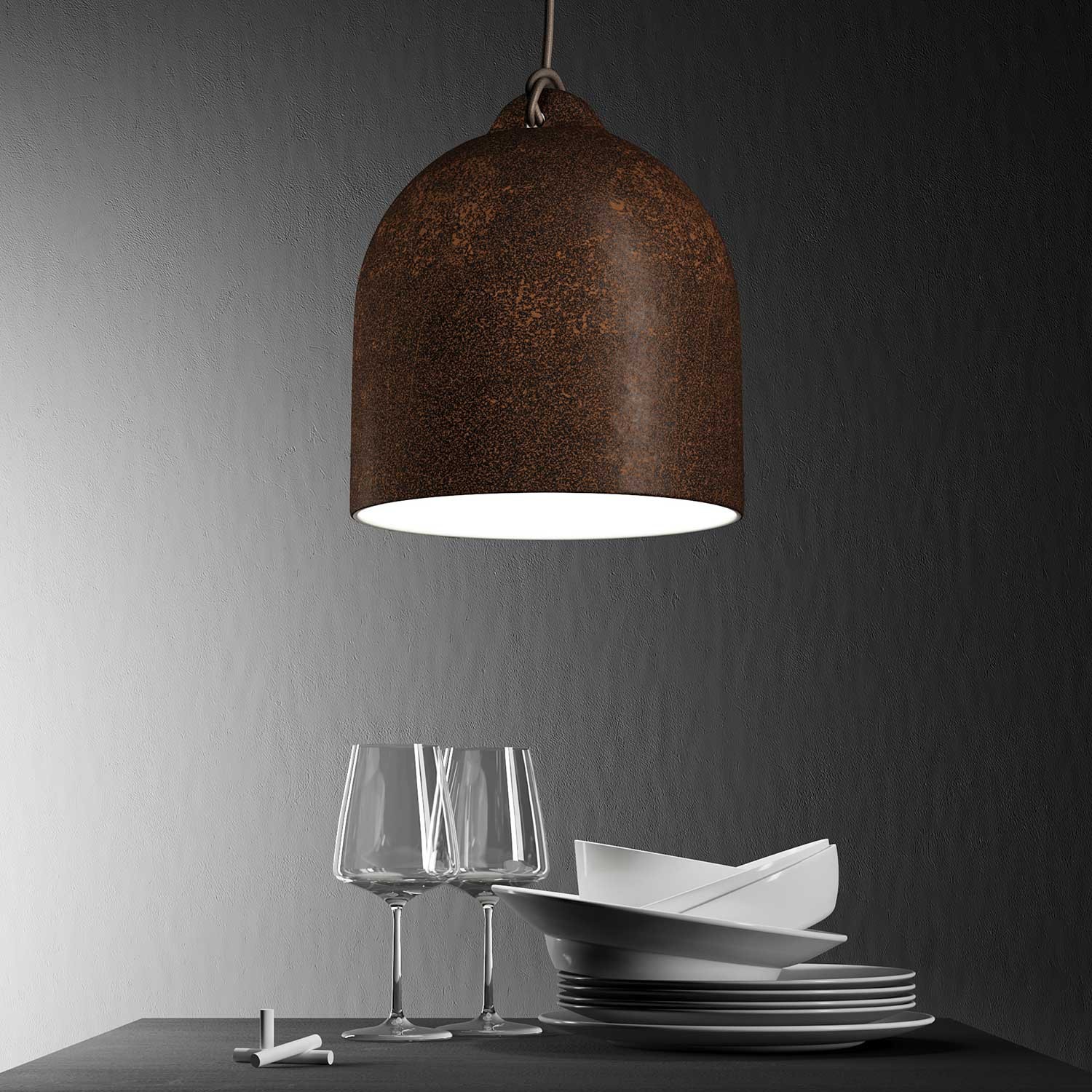 Pendant lamp with textile cable and lampshade Bell M in ceramic - Made in Italy - Bulb included