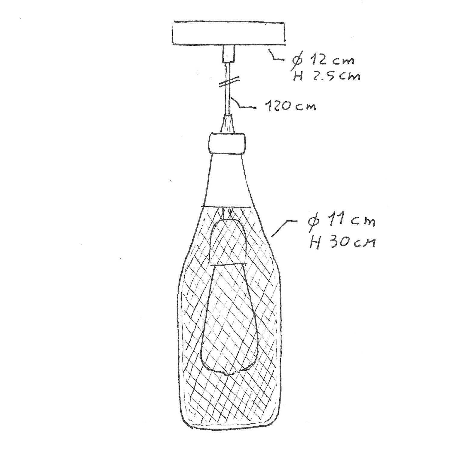 Lámpara colgante hecha en Italia con cable textil, bombilla, pantalla botella Magnum con detalles metálicos