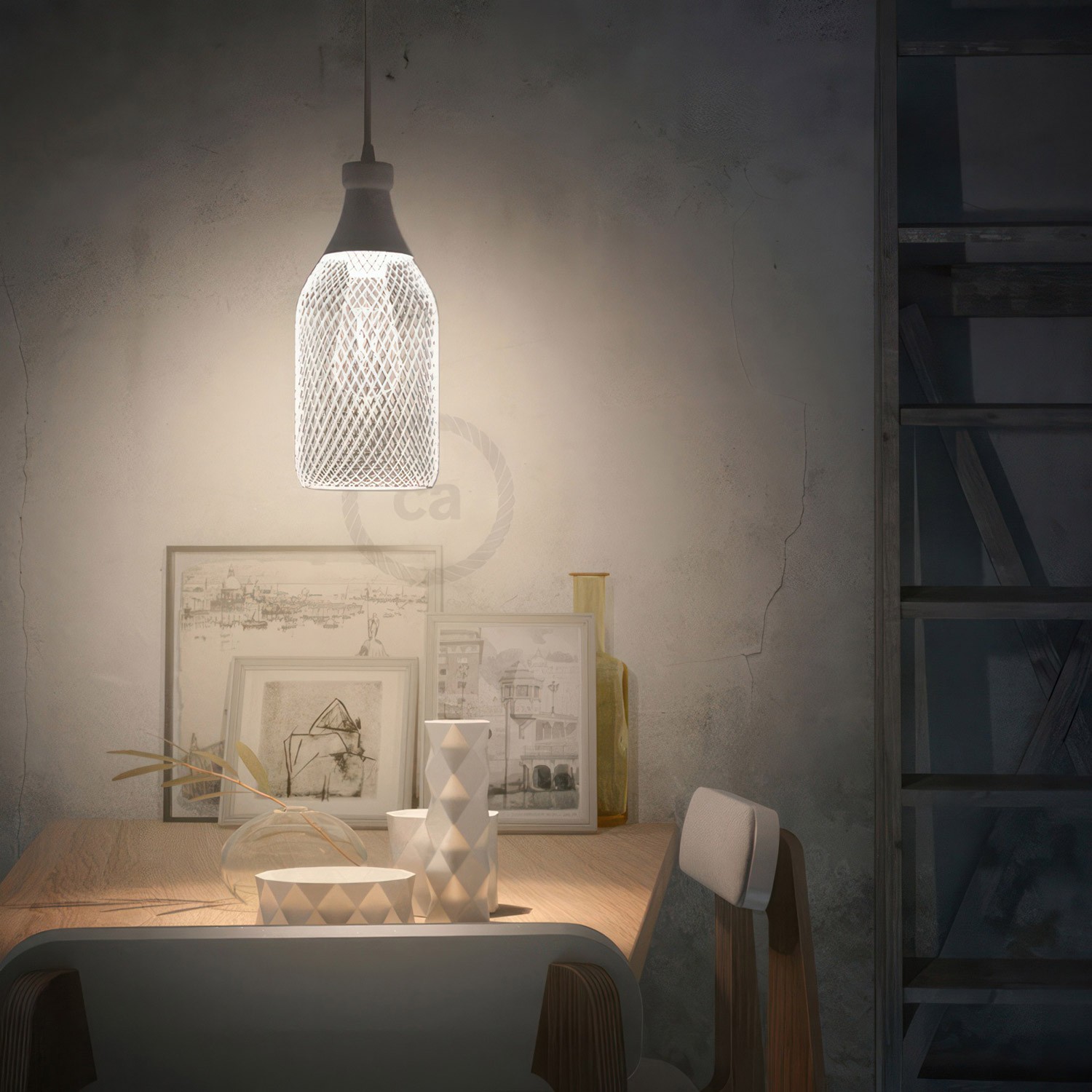 Pendant lamp with textile cable, Jéroboam bottle lampshade and metal details - Made in Italy - Bulb included