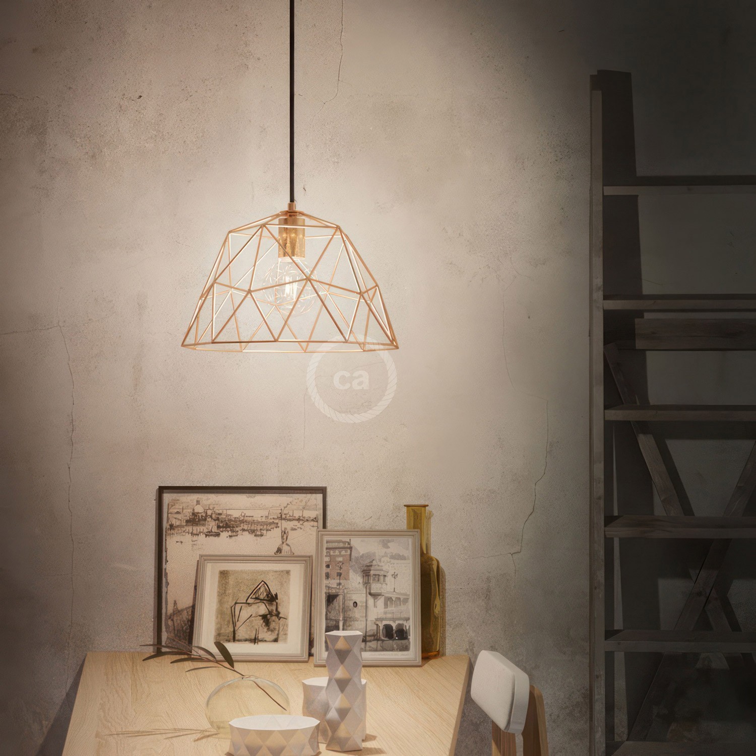 Pendant lamp with textile cable, Dome lampshade and metal details - Made in Italy - Bulb included