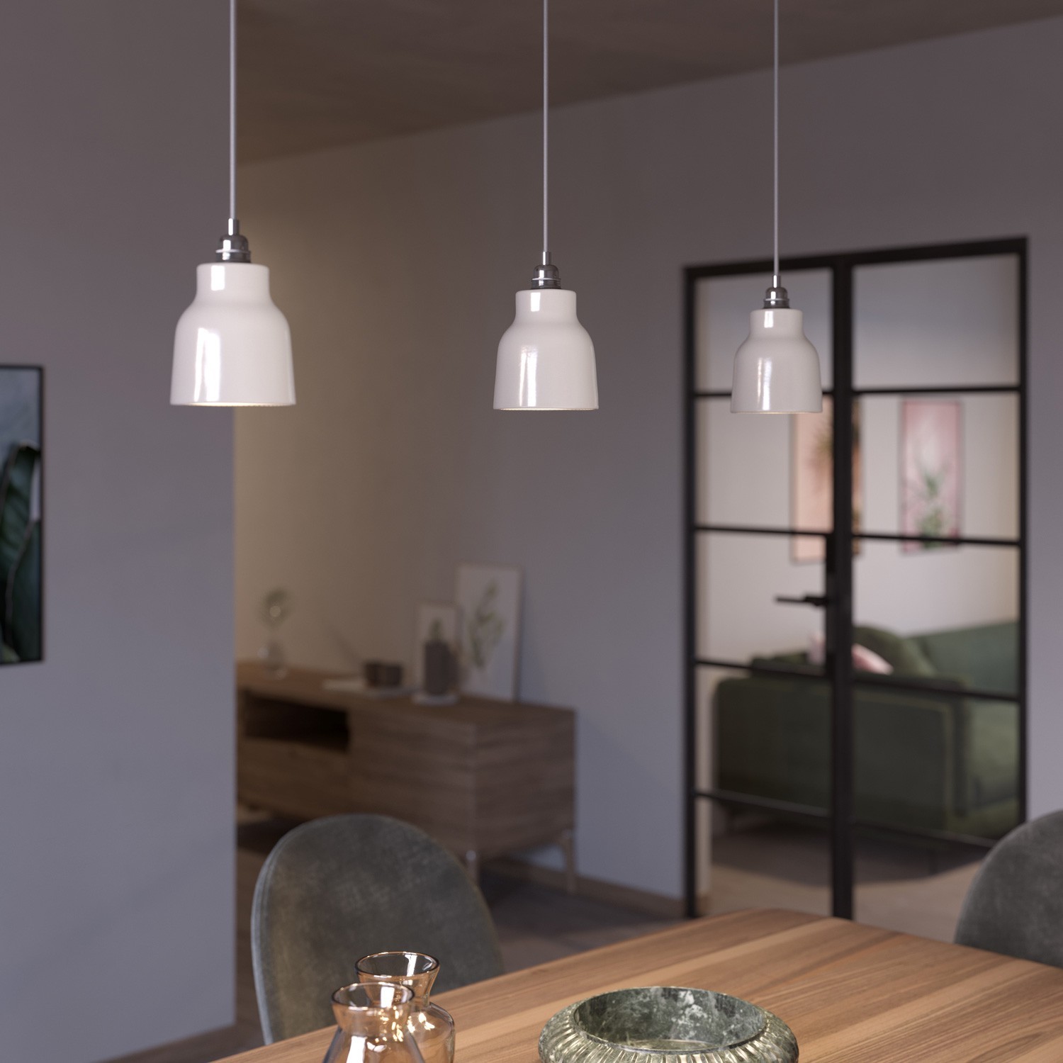 Pendant lamp with textile cable, Vase ceramic lampshade and metal details - Made in Italy - Bulb included