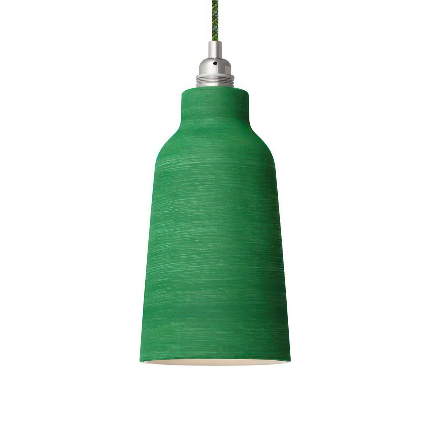 Lámpara colgante hecha en Italia con cable textil, bombilla, pantalla Botella de cerámica y acabados metálicos