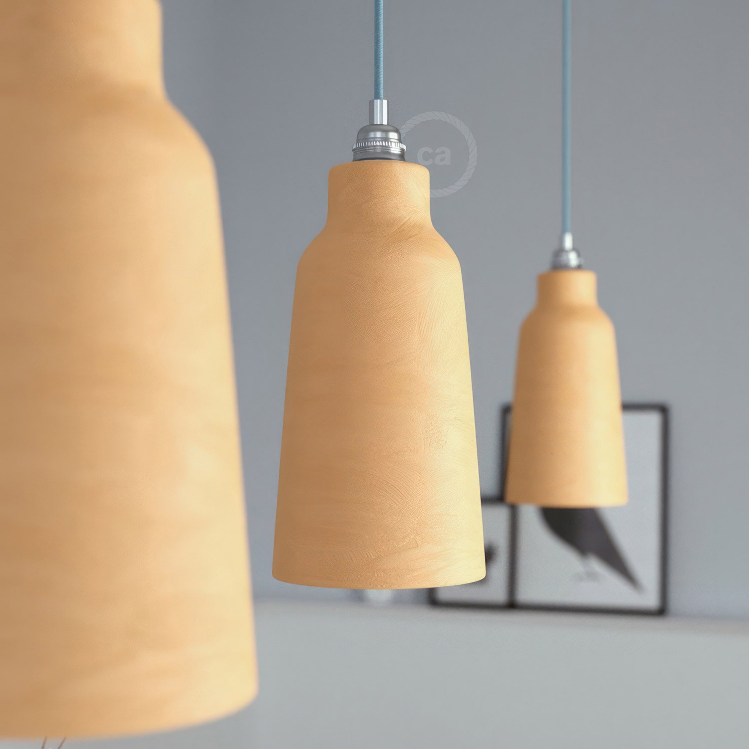 Pendant lamp with textile cable, Bottle ceramic lampshade and metal details - Made in Italy - Bulb included