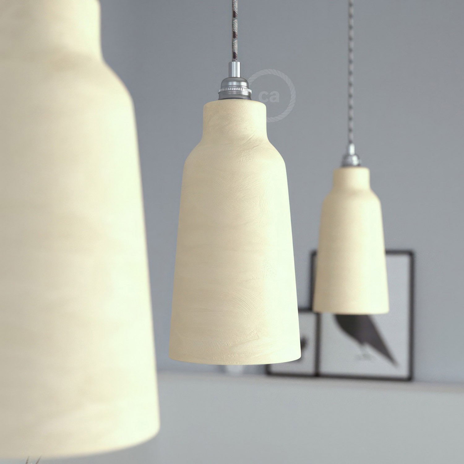 Pendant lamp with textile cable, Bottle ceramic lampshade and metal details - Made in Italy - Bulb included