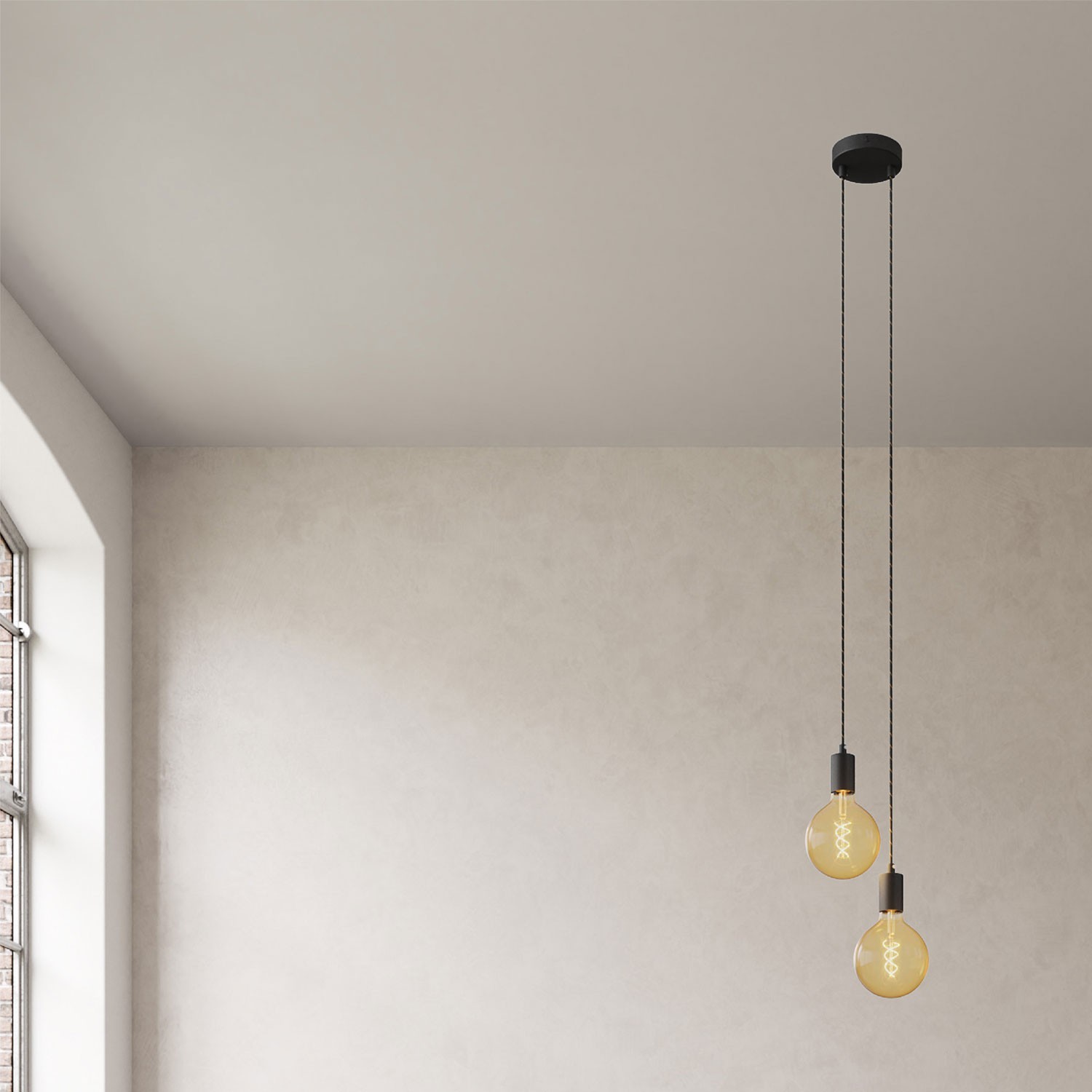 2-light multi-pendant lamp featuring fabric cable and metal finishes