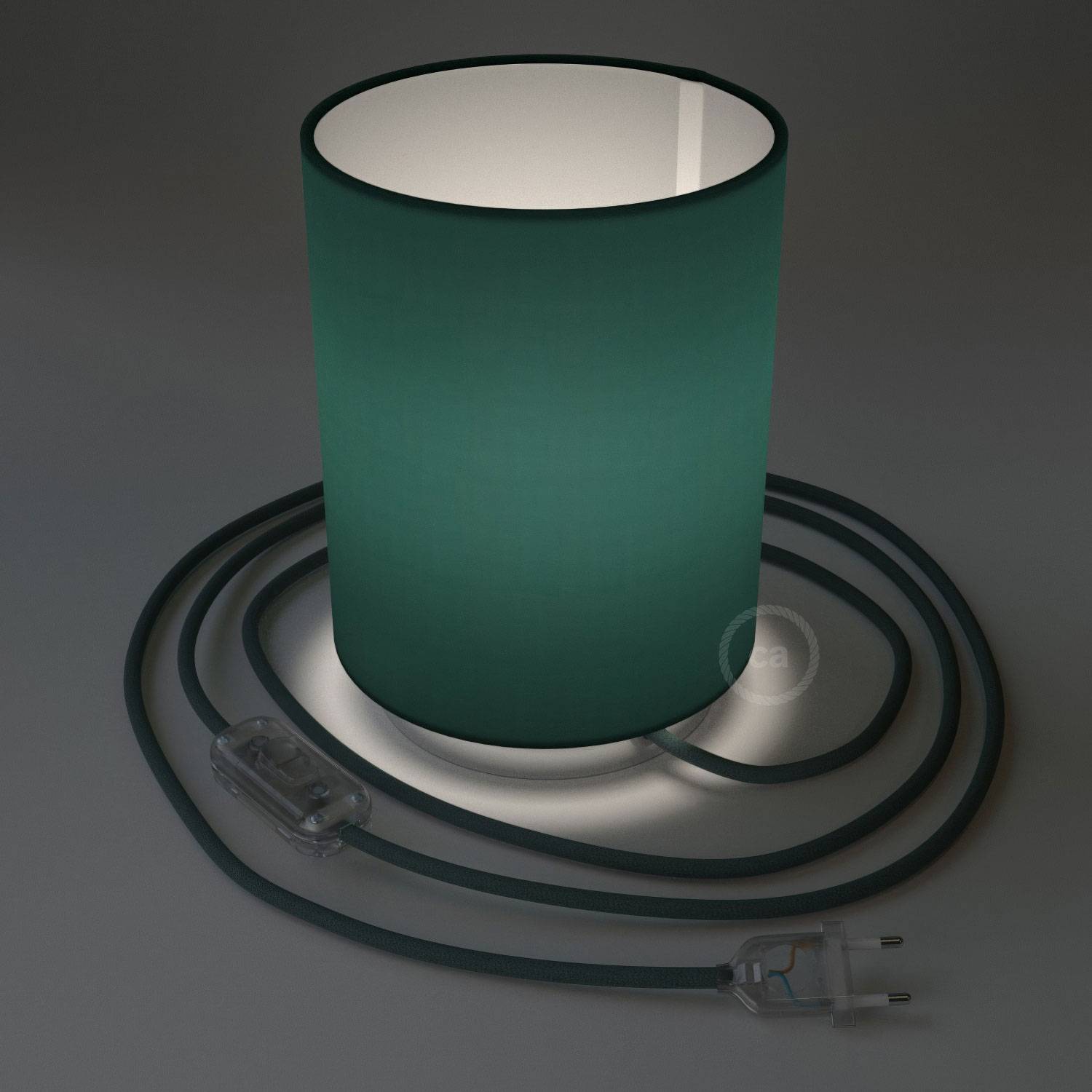 Posaluce in metal with Petrol Blue Cinette Cilindro lampshade