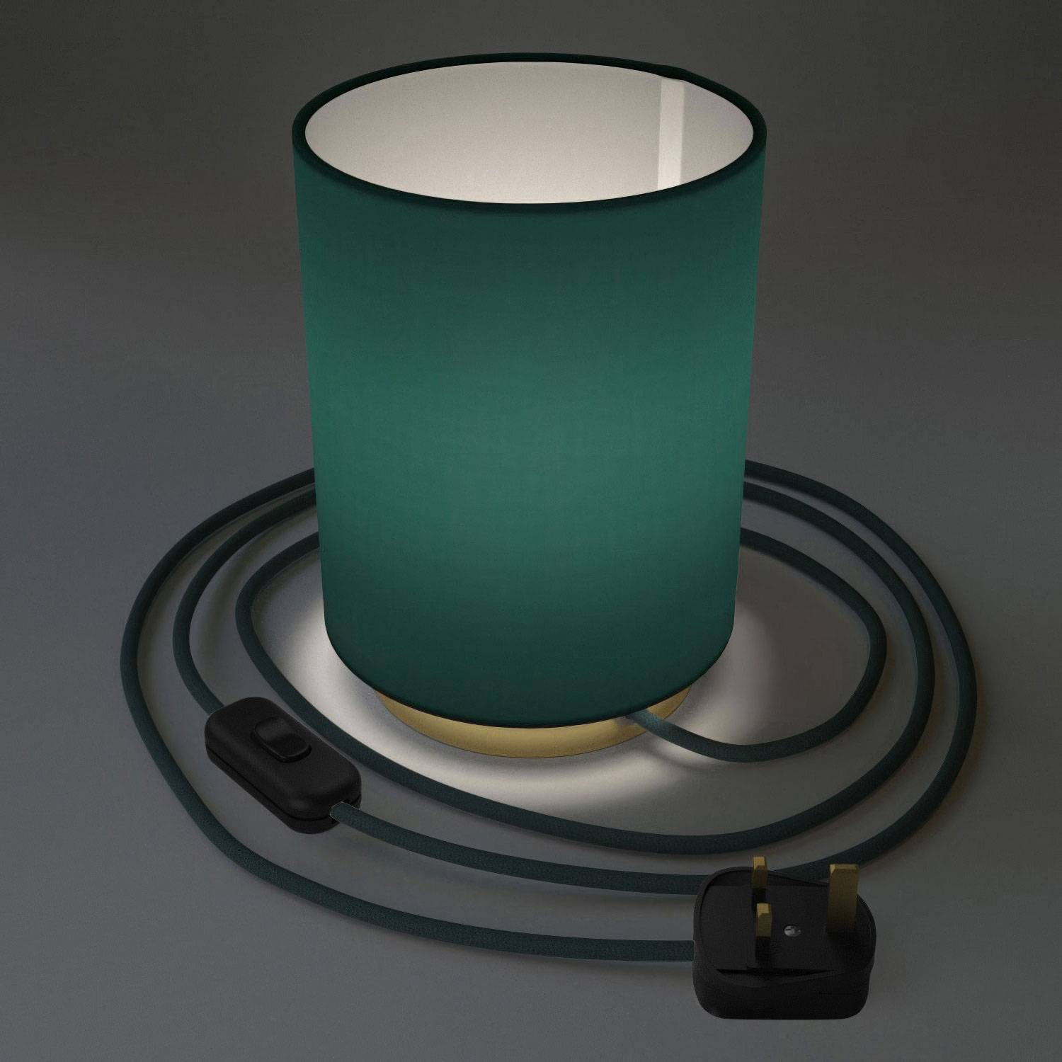 Posaluce in metal with Petrol Blue Cinette Cilindro lampshade