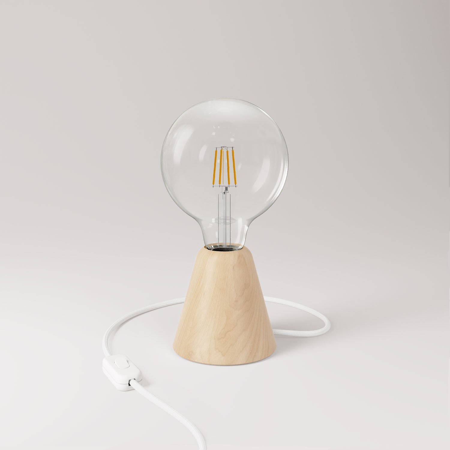 Table lamp with alder base and transparent light bulb