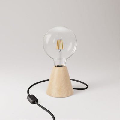 Table lamp with alder base and transparent light bulb