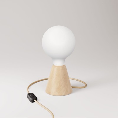 Table lamp with base in alder wood and porcelain effect bulb