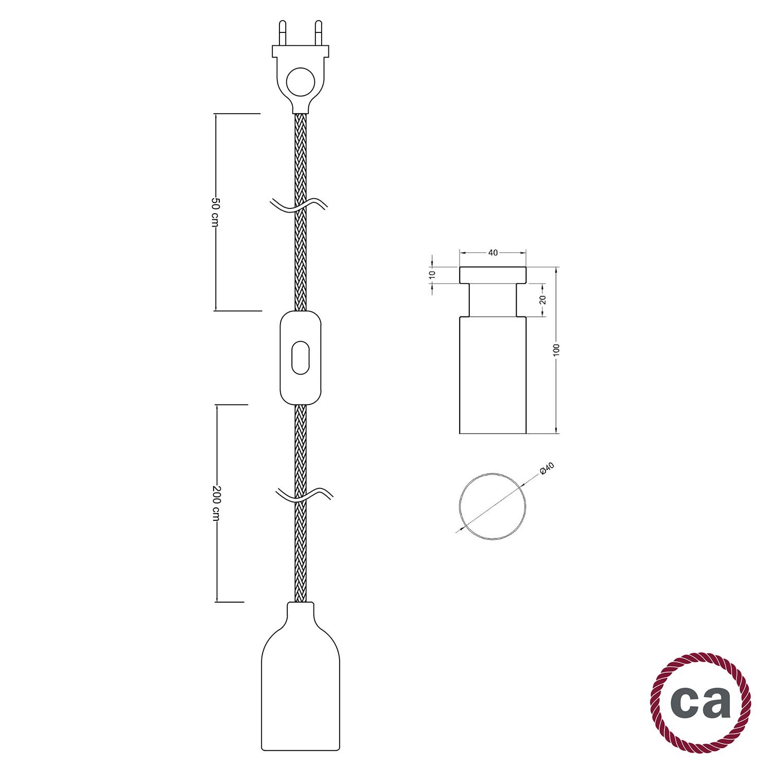 Snake, cableado con portalámparas de madera e pasacables Rolé