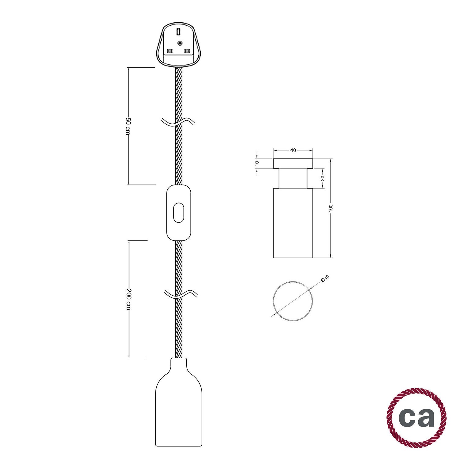 Snake, cableado con portalámparas de madera e pasacables Rolé