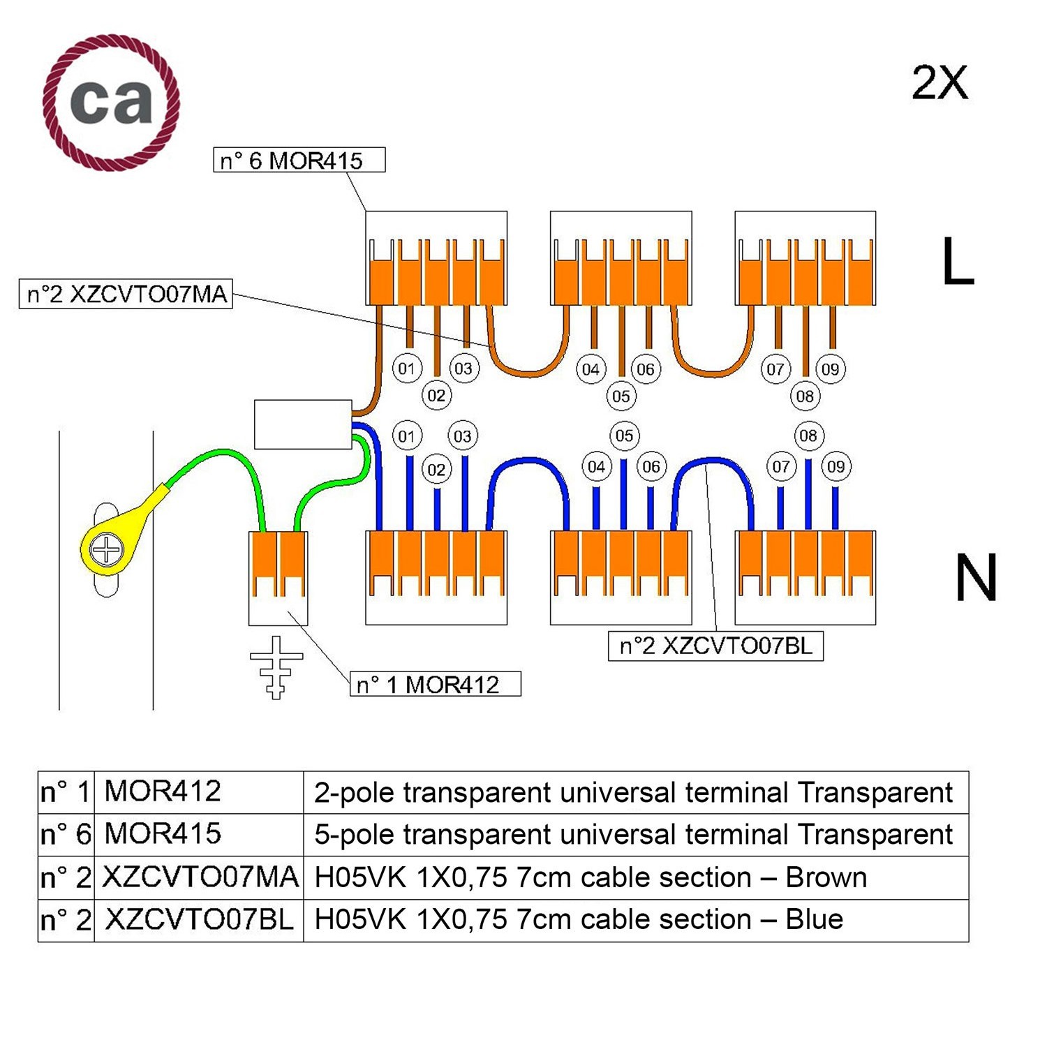 Kit de conexión WAGO compatible con cable 2x para Rosetón de 9 agujeros