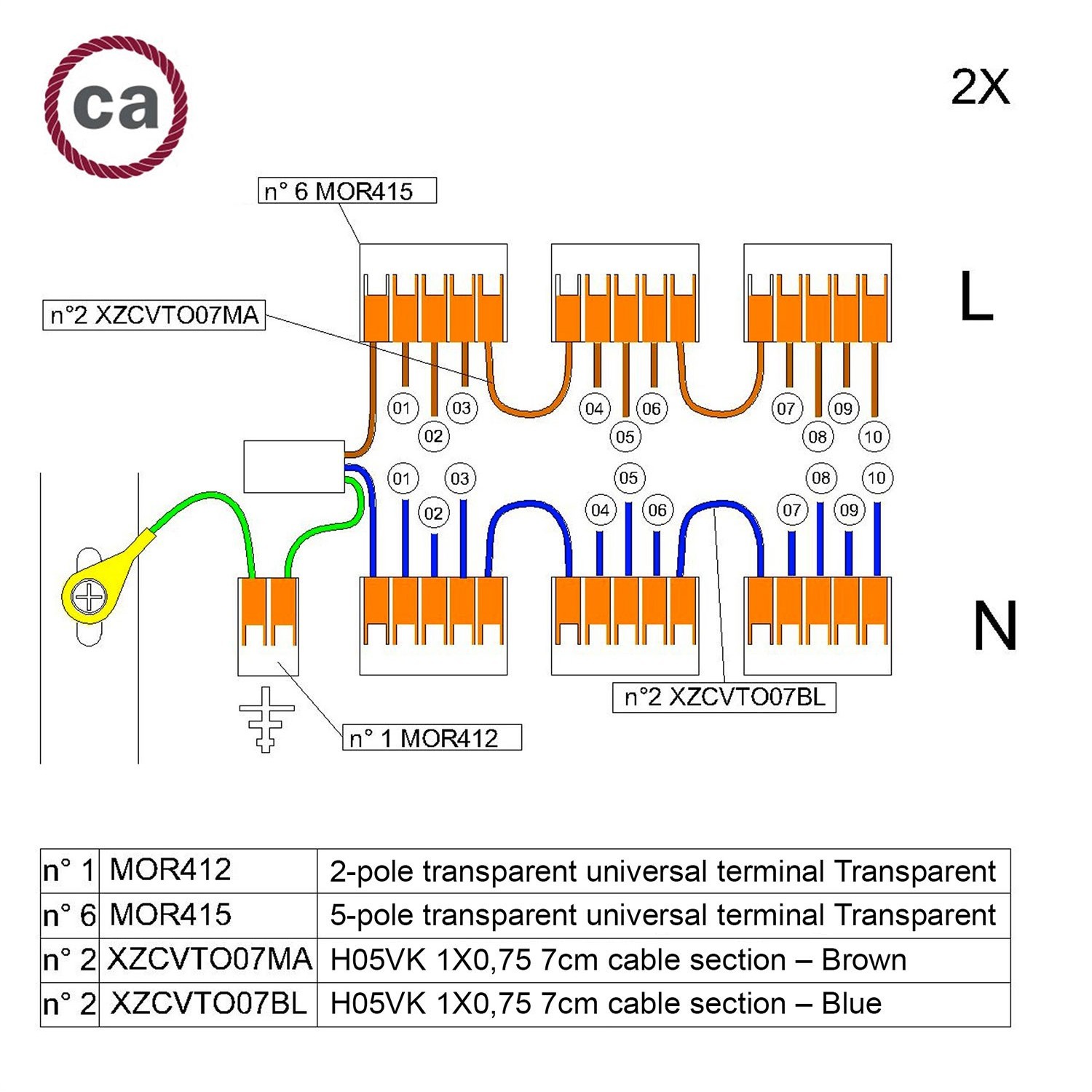 Kit de conexión WAGO compatible con cable 2x para Rosetón de 10 agujeros