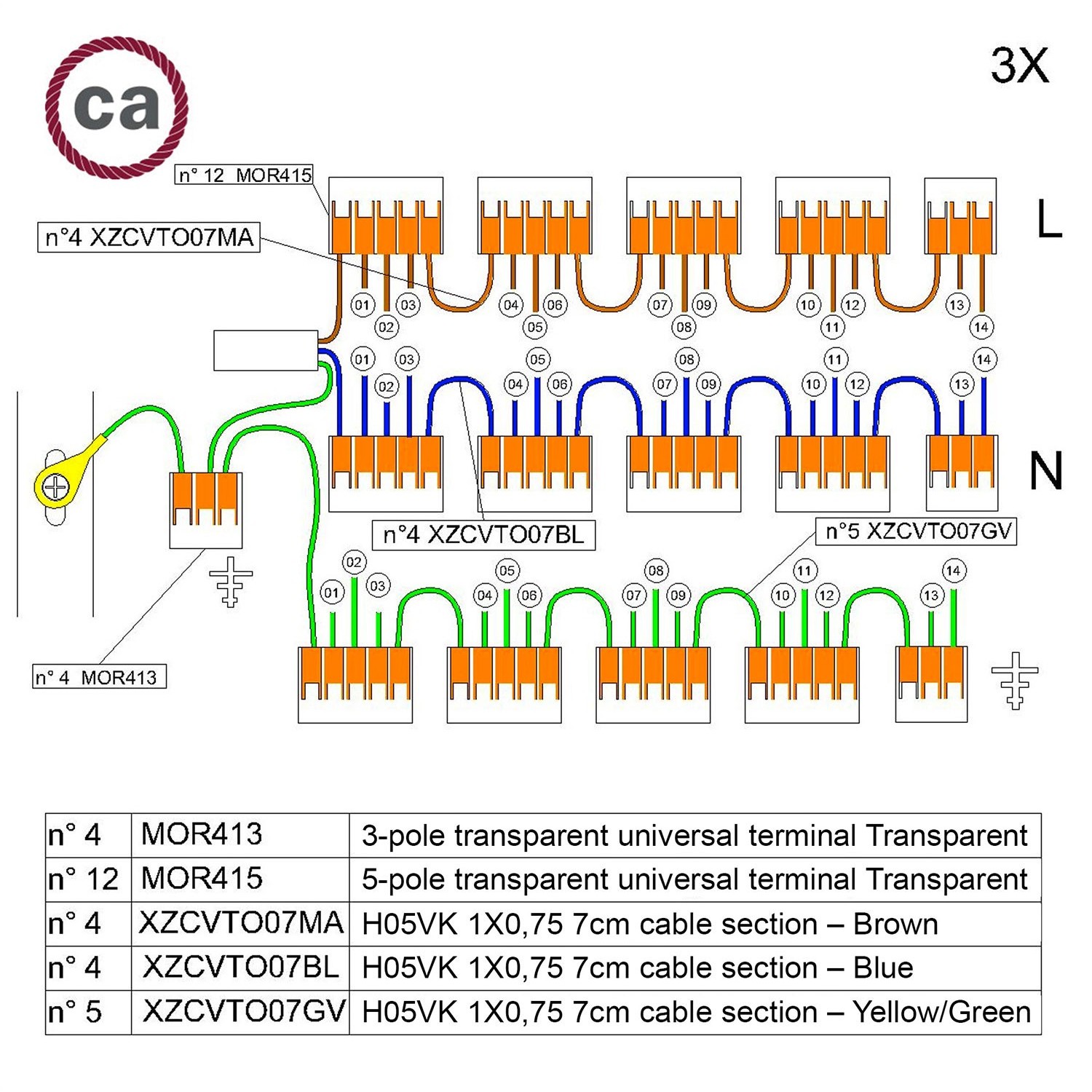 Kit de conexión WAGO compatible con cable 3x para Rosetón de 14 agujeros