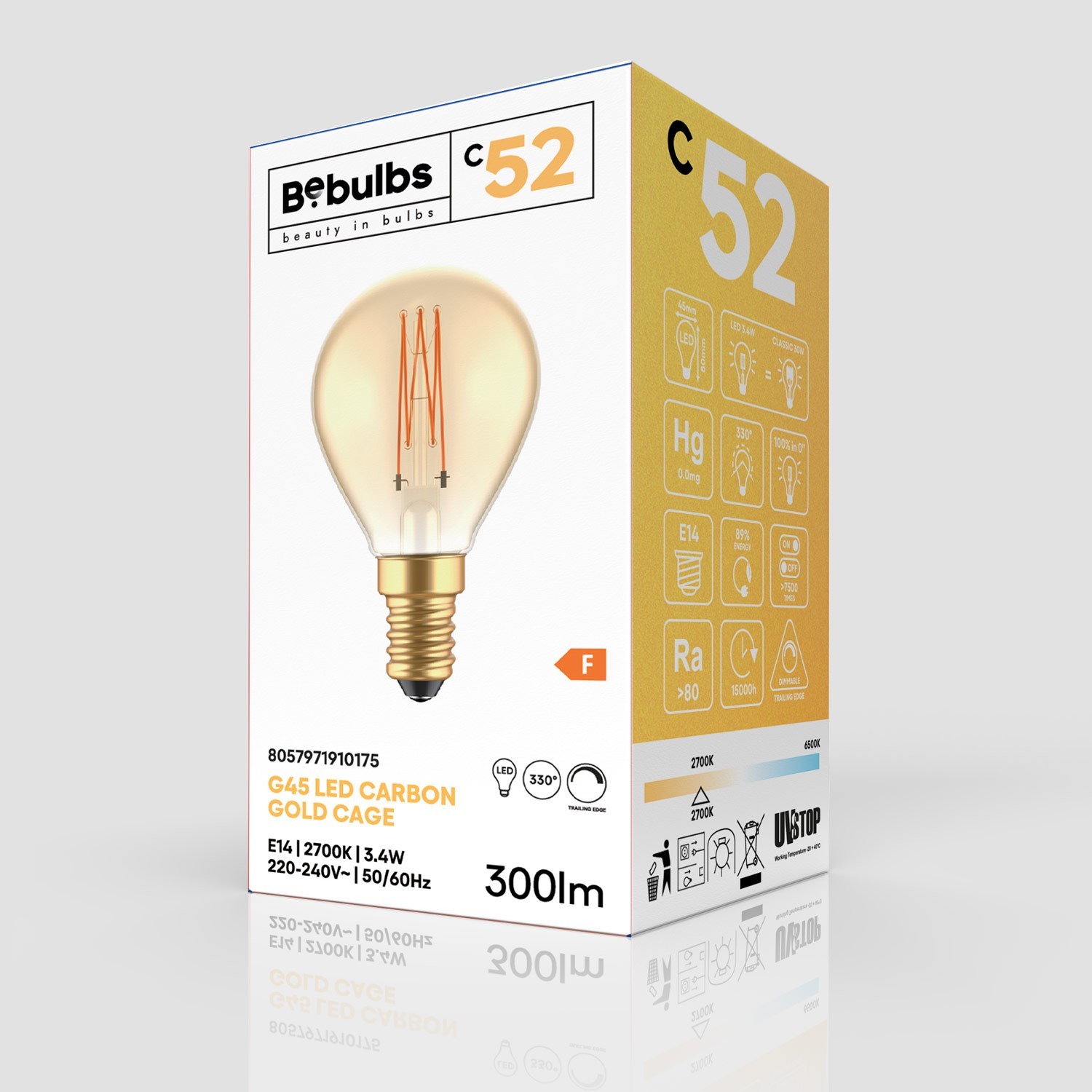 LED Golden Light Bulb Carbon Line Filament Cage Mini Globe G45 3,4W 300Lm E14 2700K Dimmable - C52