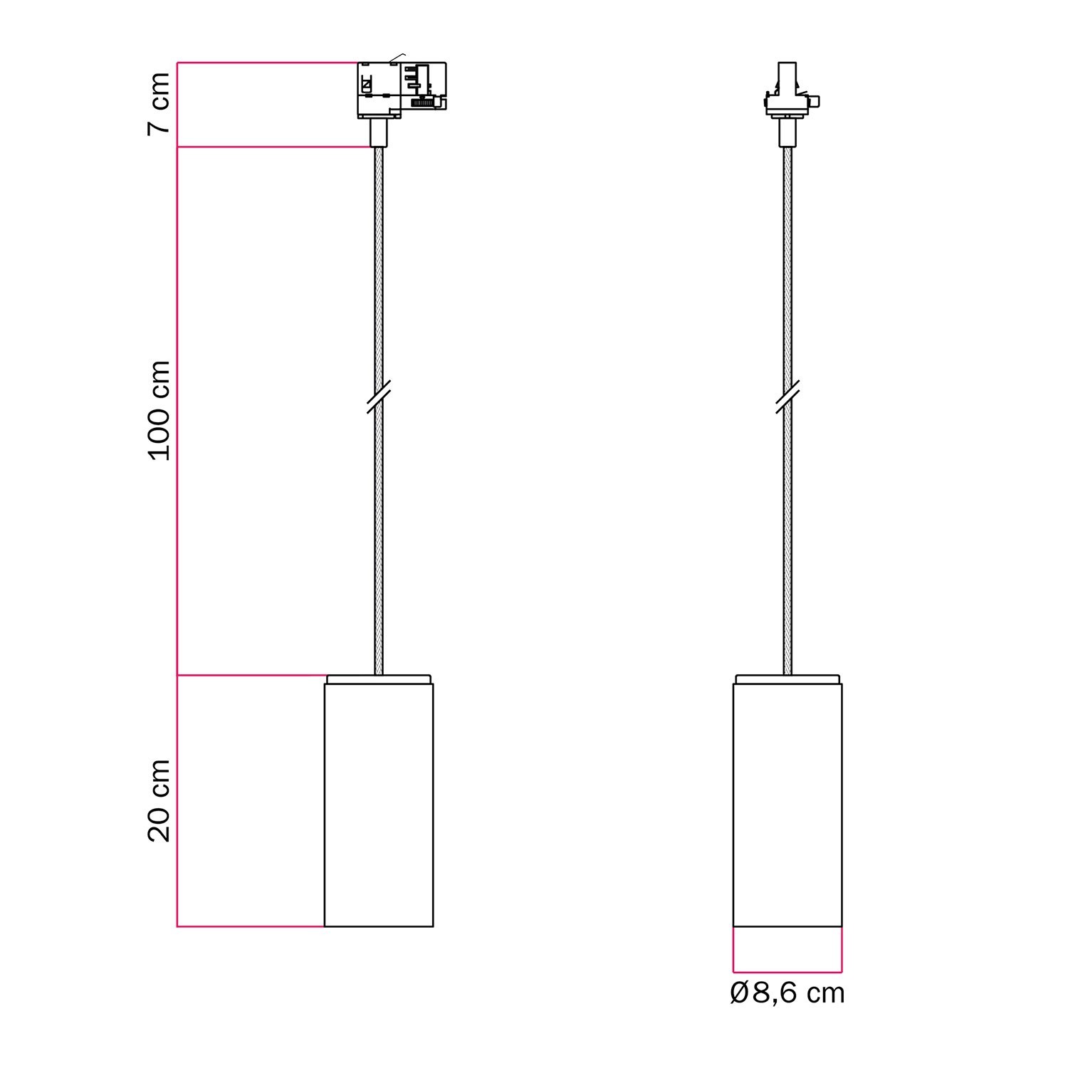 Lámpara de suspensión para carril con cable textil y Tub-E27