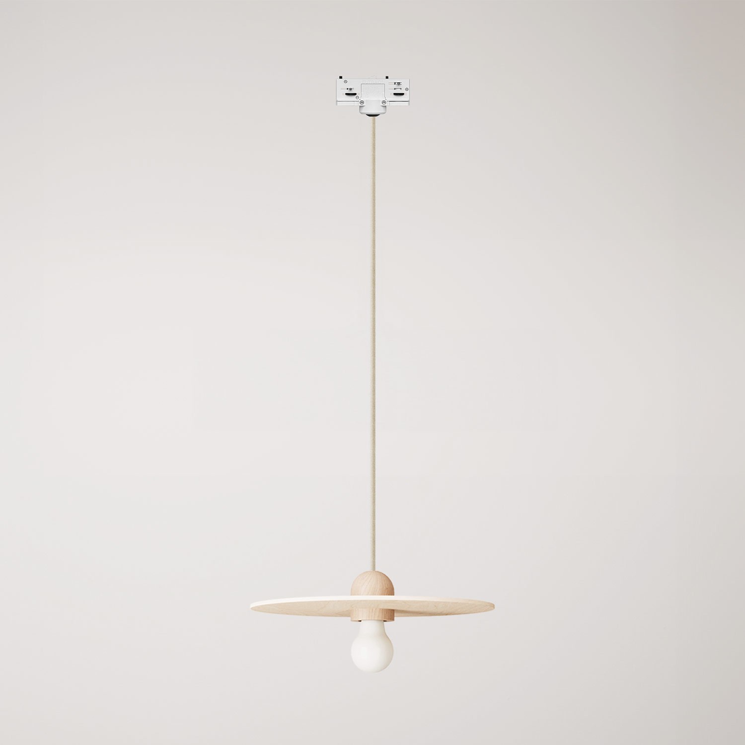 Wooden track lamp with textile cable and UFO lampshade