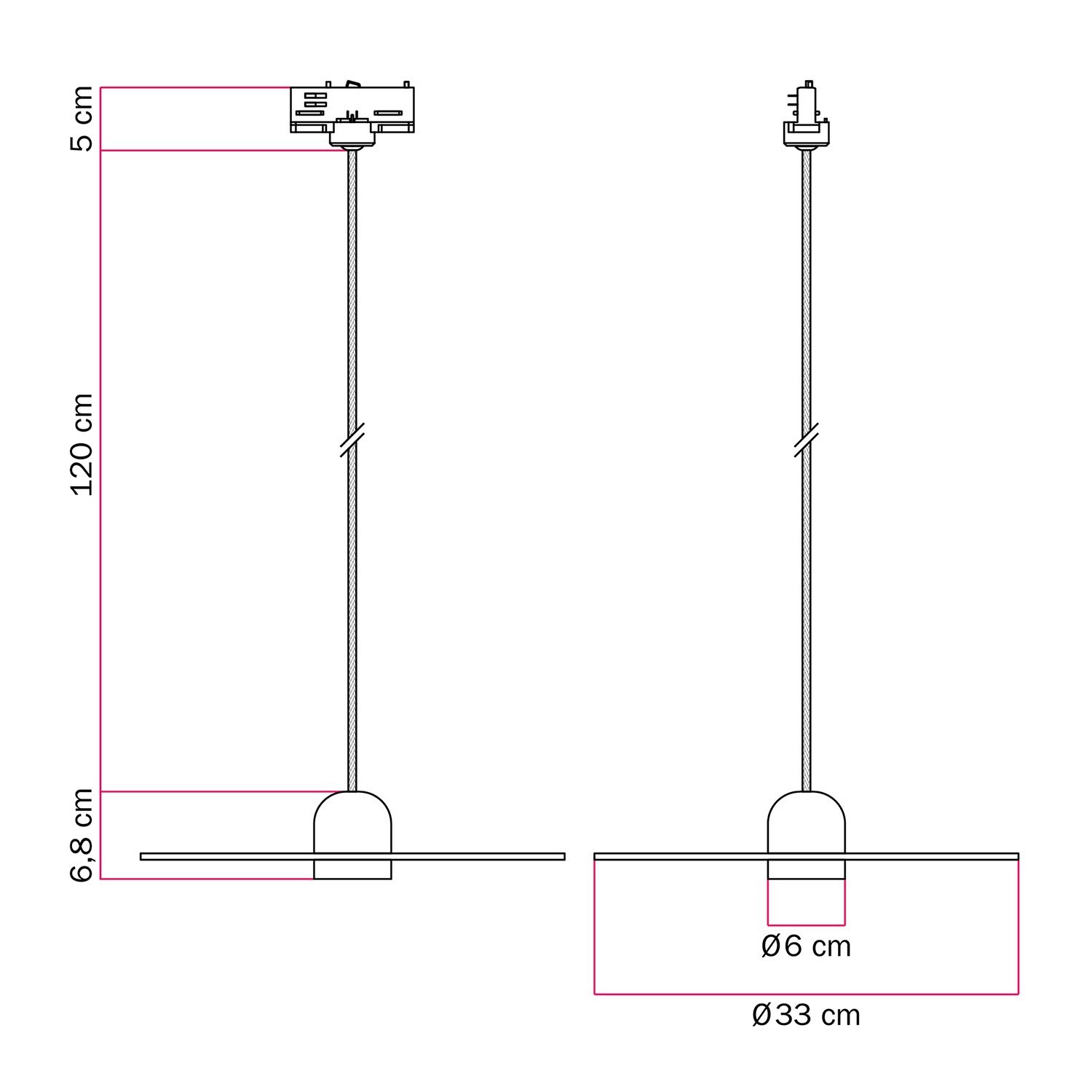 Lámpara sobre carril de madera con cable textil y pantalla UFO