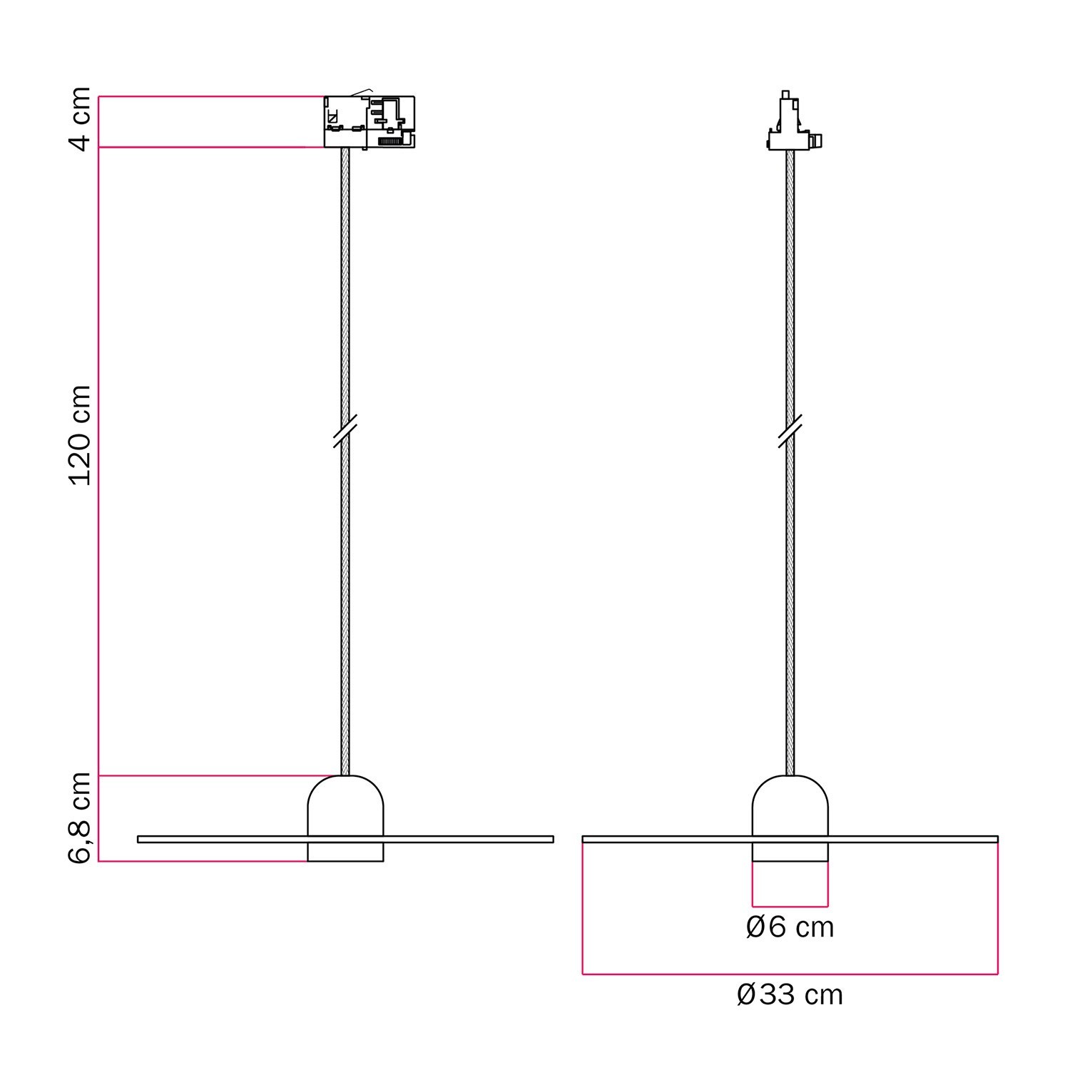 Lámpara sobre carril de madera con cable textil y pantalla UFO